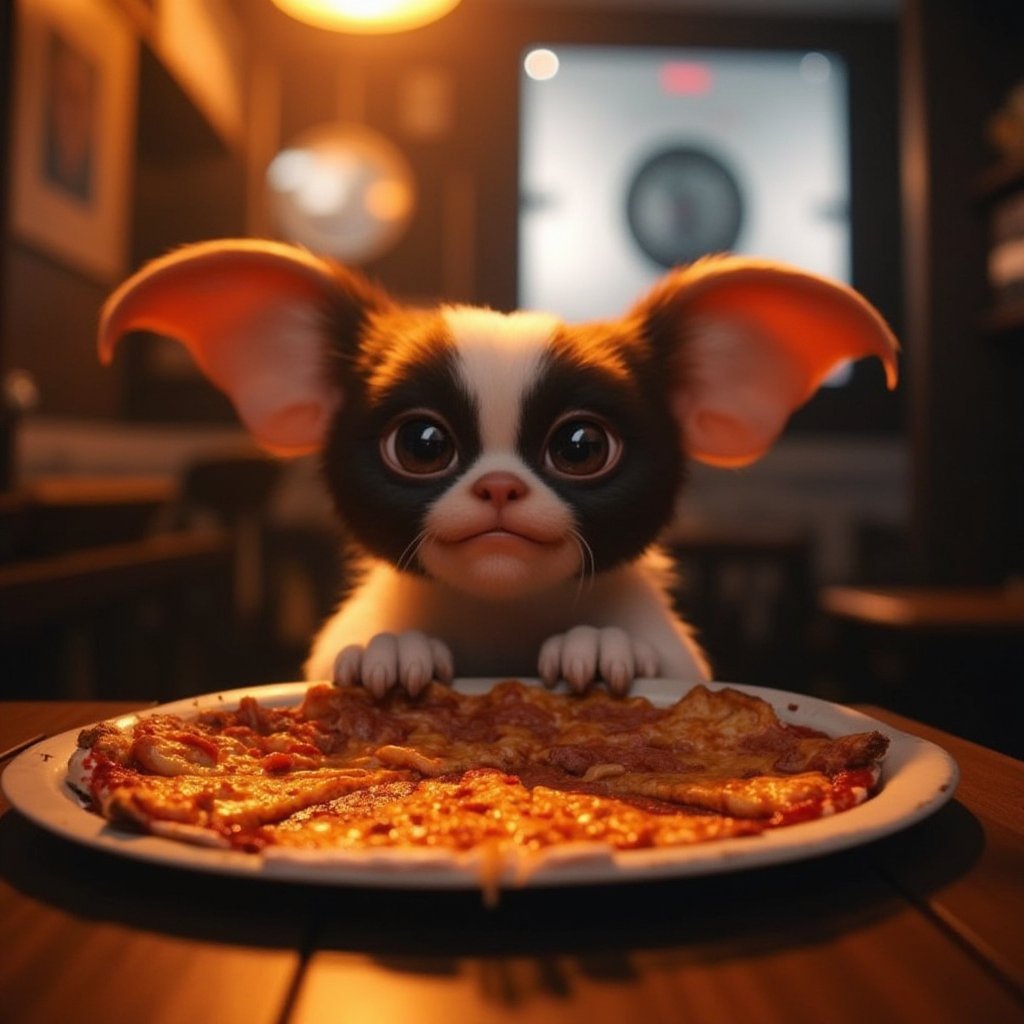 Cinematic, dreamy lighting, front facing view, a candid of gizmo eating a pizza slice under a table, ultra realistic, ultra realistic textures