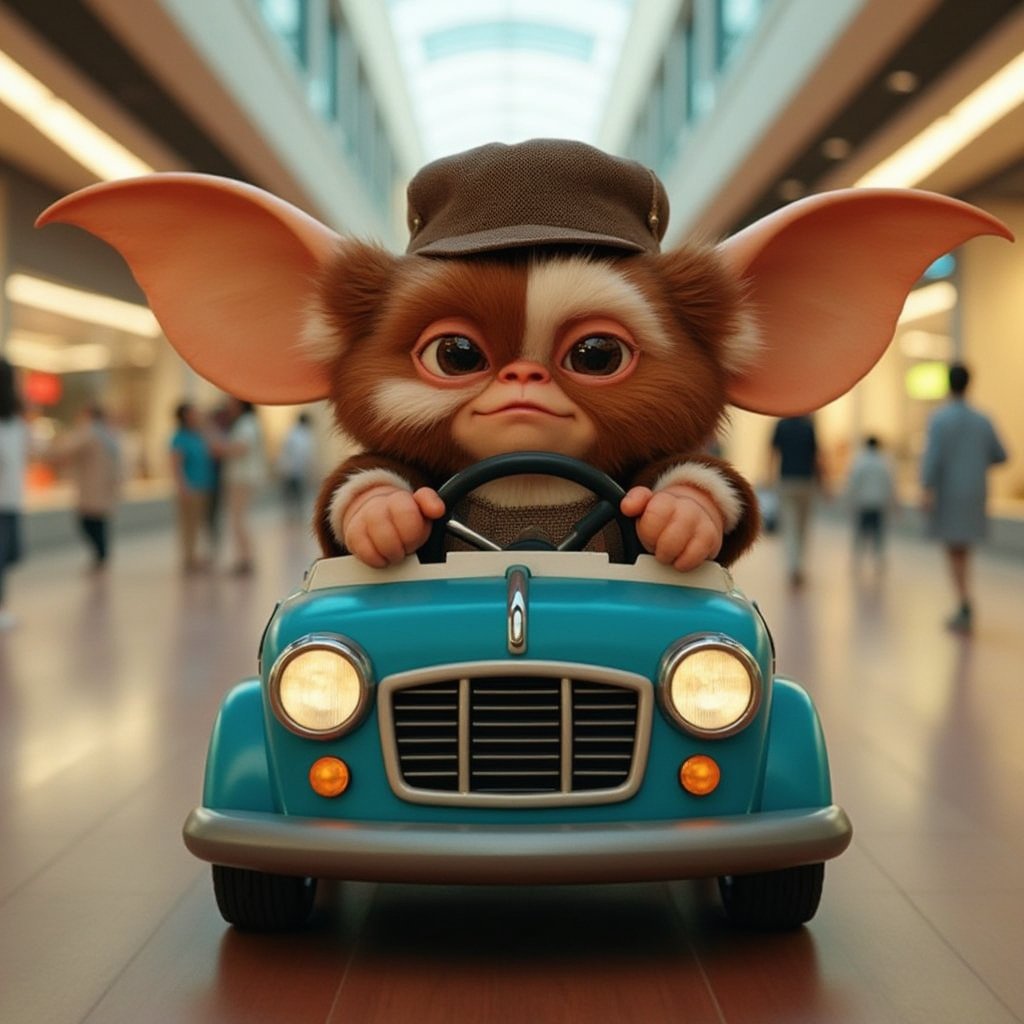 Cinematic, full body shot, wide angle, gizmo is driving a mini car, he's in a shopping mall,  and is making a angry face, he's wearing a hat,  ultra realistic, 8k, ultra detailed textures, real photography, 