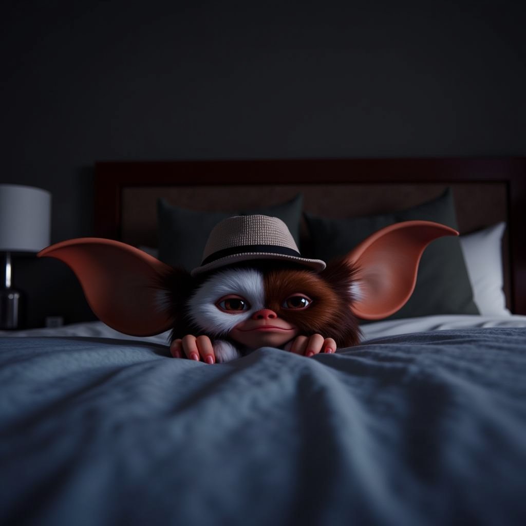 Cinematic, dreamy lighting, soft lighting, full body shot, wide angle, gizmo is hidding under the bed, he's in a hotel, in a darkened room,  and is making a angry face, he's wearing a hat,  ultra realistic, 8k, ultra detailed textures, real photography, 