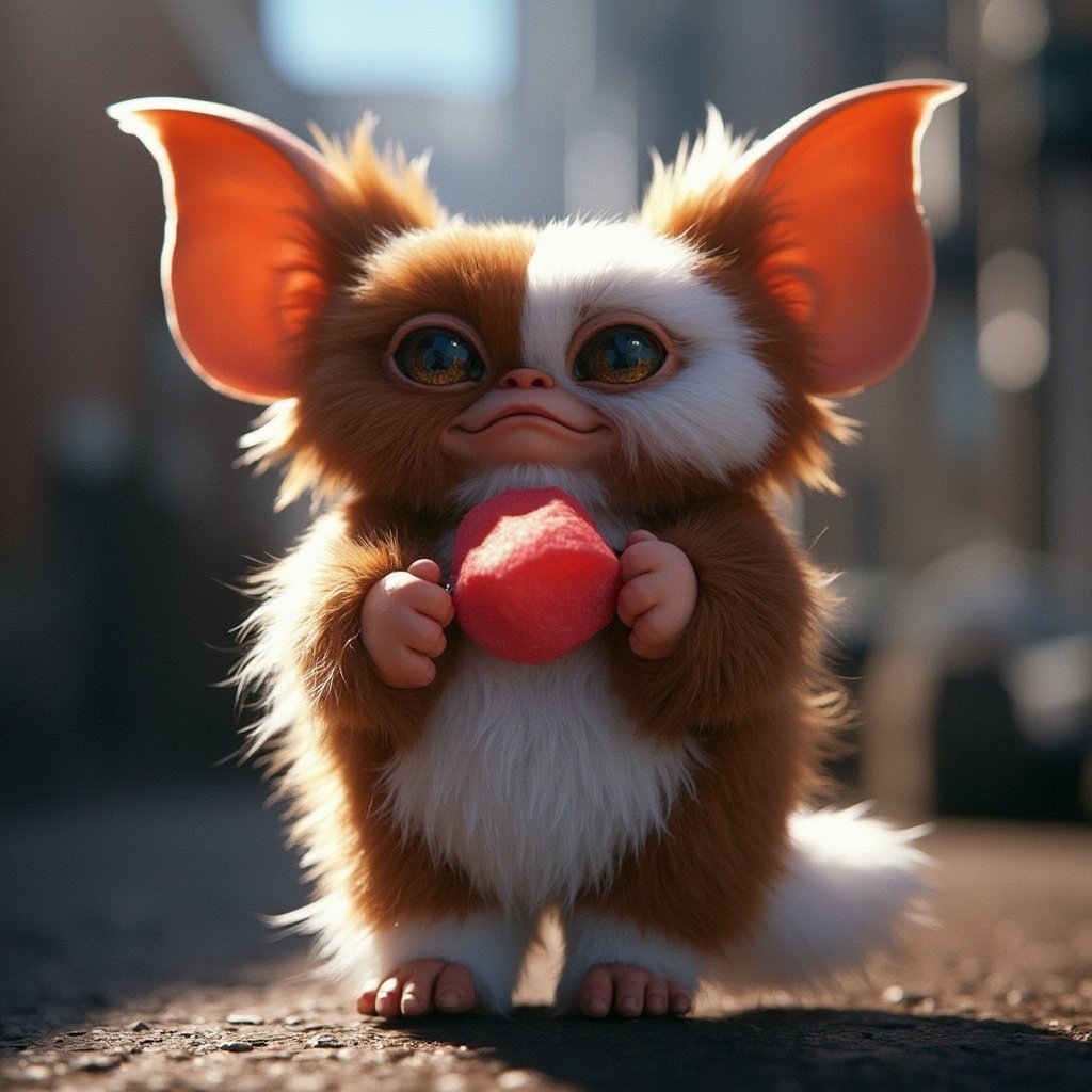 Cinematic, dreamy lighting, front facing view, a candid of a fluffy gizmo, highly detailed fur, chewing gum, ultra realistic, ultra realistic textures