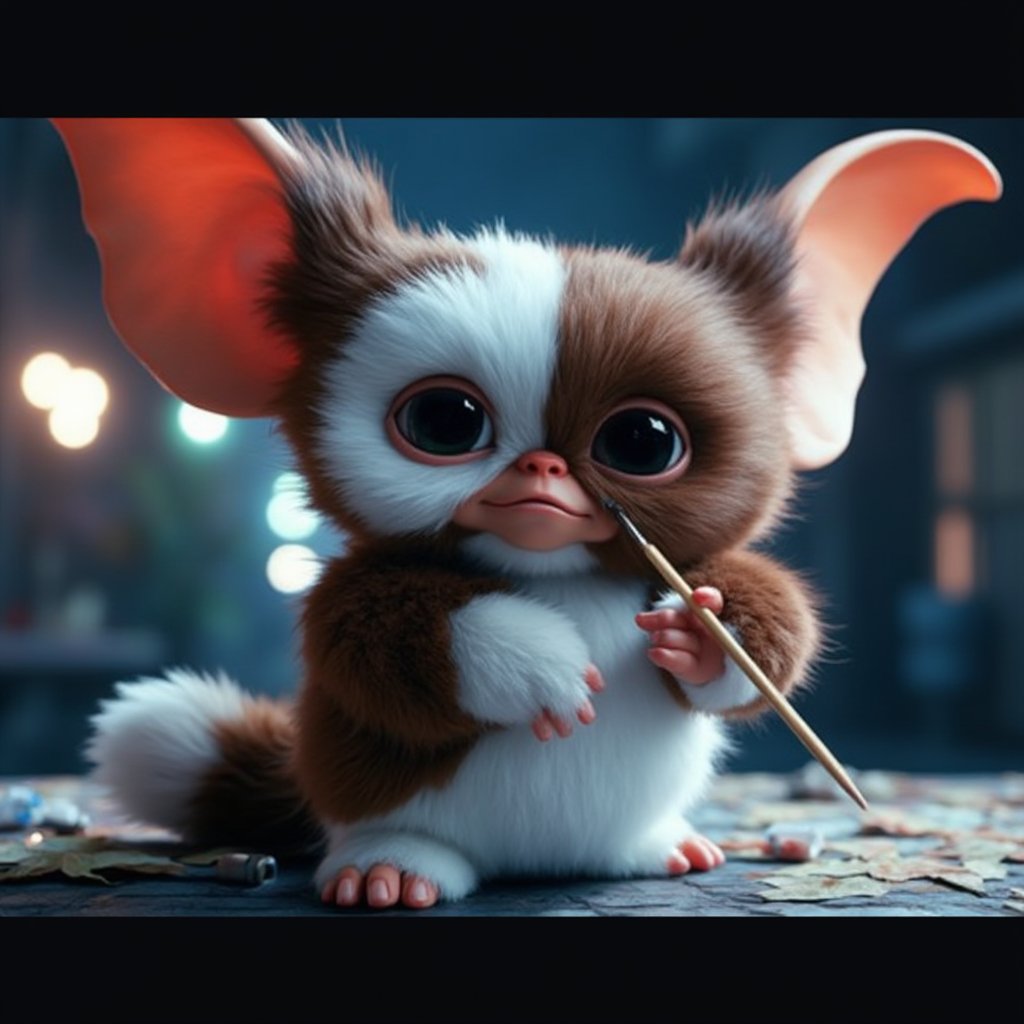 Cinematic, dreamy lighting, front facing view, at night, a close up of a fluffy gizmo, being painted by an artist, painting gizmo,  highly detailed fur, ultra realistic, ultra realistic textures