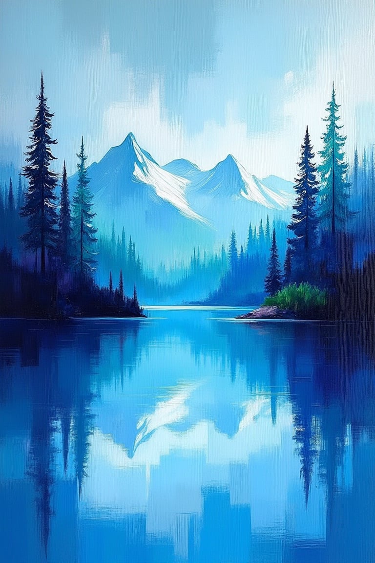 A vibrant landscape painting in an expressive style, depicting a peaceful mountain lake scene in cooler colors. The scene features deep blue waters reflecting towering pine trees and snow-capped mountains in the background. The sky is painted with cool shades of soft blues, purples, and greens, giving a tranquil and refreshing feel. The visual trait is stillness, with the calm water mirroring the landscape perfectly and evoking a sense of serenity and quiet in nature. The cooler tones enhance the peaceful atmosphere, creating a soothing, meditative scene.