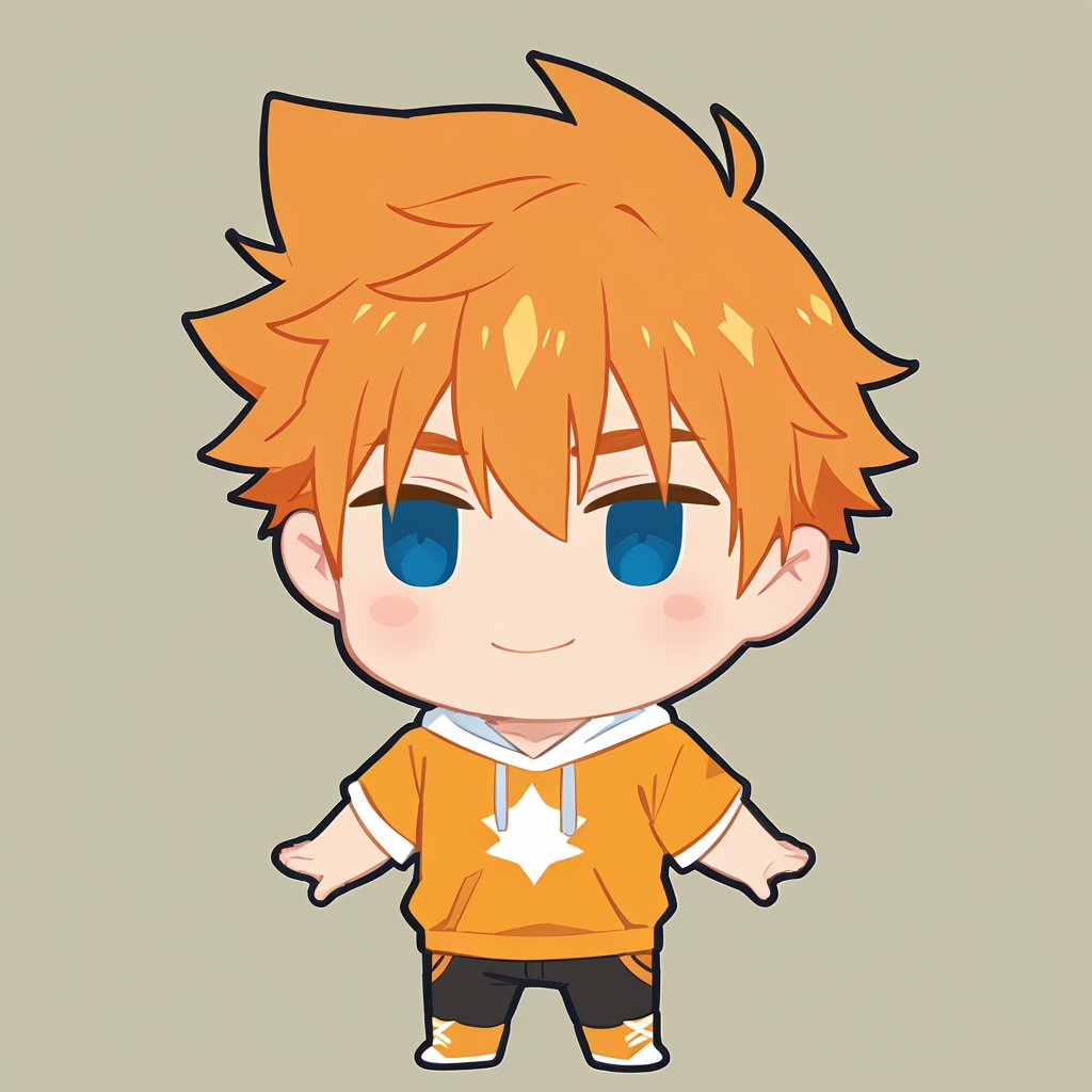 1boy, solo, head only, male focus, chibi, orange hair, blue eyes, simple background