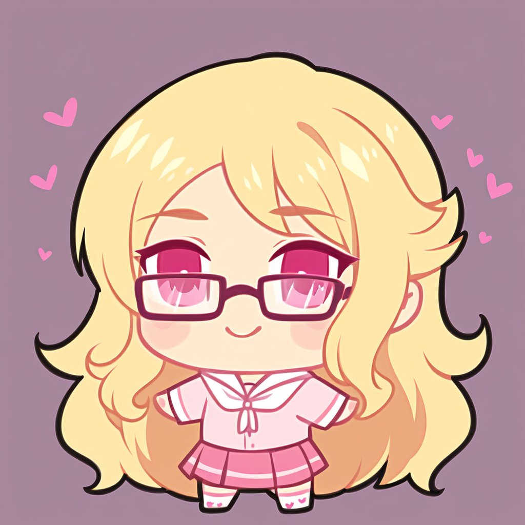 1girl, solo, head only, female focus, chibi, blonde long hair, pink eyes, glasses, simple background