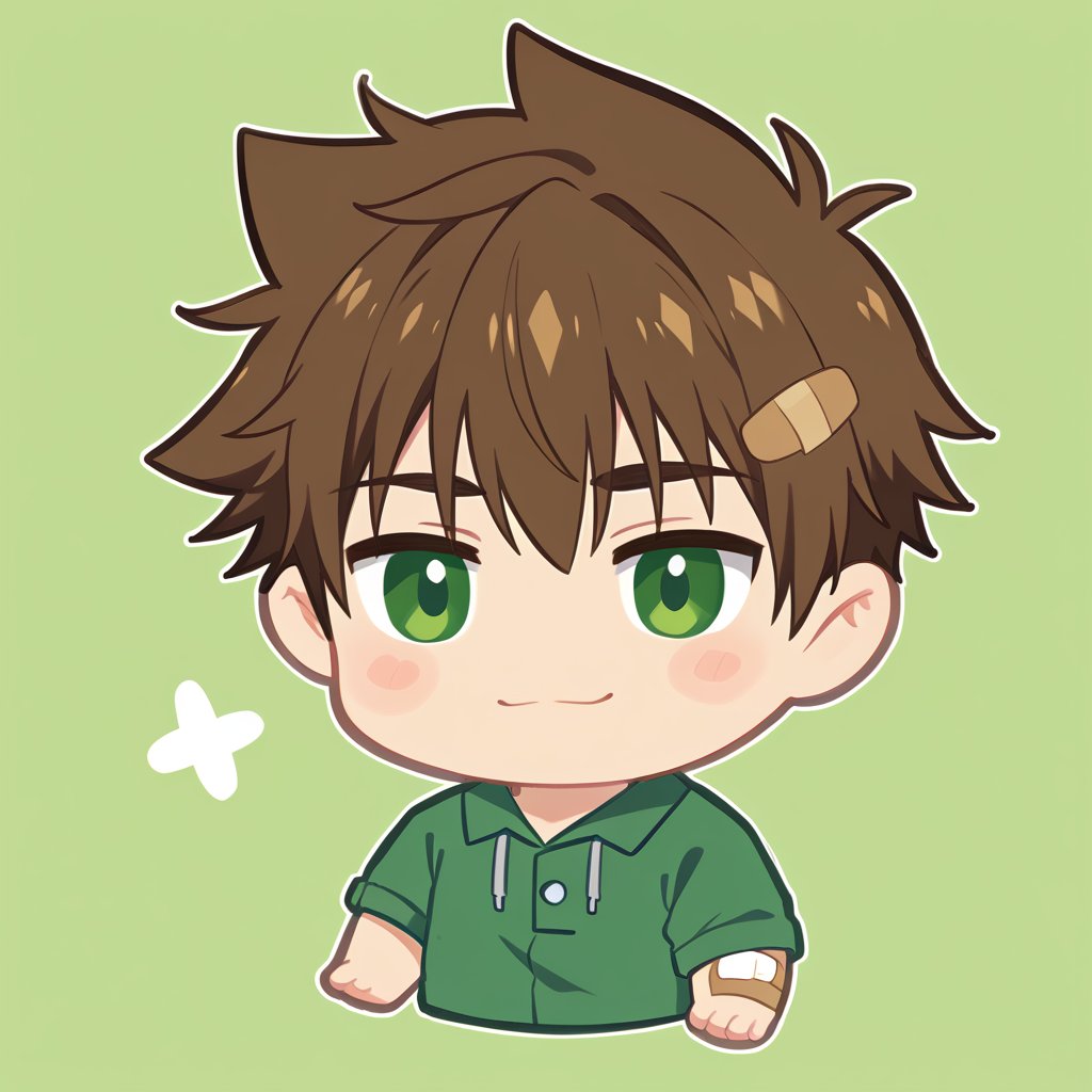 Head icon, solo, (only_head), male focus, chibi, brown hair, bandaid, green eyes, simple background