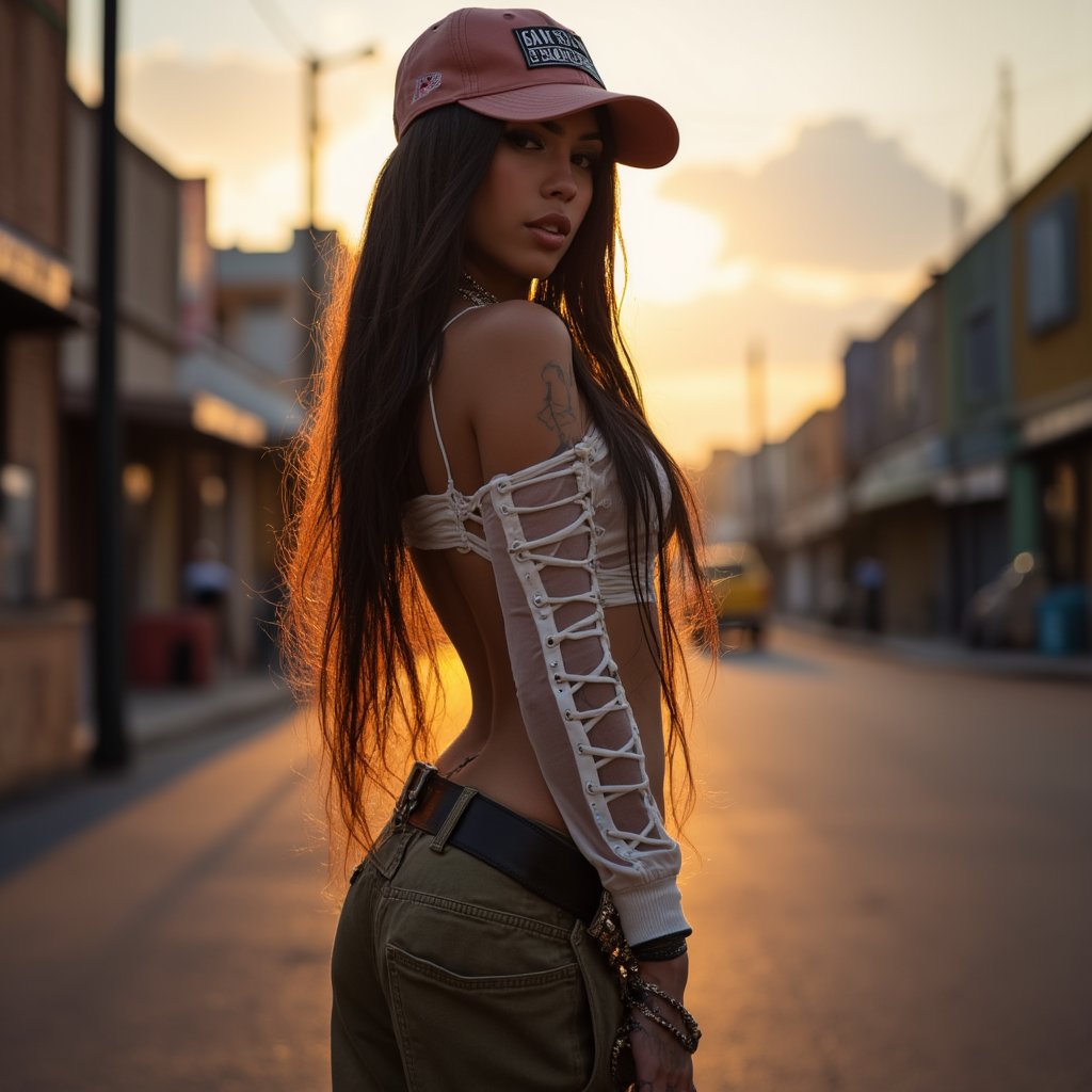 Cinematic, side view, from bottom to top view, dramatic lighting, shot with a 35mm, ultra detailed, ultra realistic colors, short mexican woman with very long hair, dramatic makeup, in the streets midday, golden hour lighting, standing up, posing with an attitude, sexy top , see through laced long sleeve shirt, wearing loose slackers, wearing a baseball cap, expensive jewelry, sneakers, tattooes, very long necklace,  cholas style,In the style of cholas, 8k, soft lighting