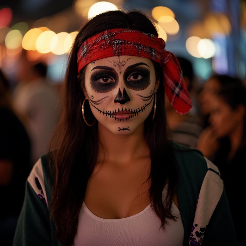 Cinematic, dreamy lighting, front facing view, a candid of a beautiful big round eyes, small nose, slanted eyes, prominent cheekbones, mexican woman, wearing hoop earrings, black face makeup, a white top, an open hoodie. and a plaid red bandana on her hair in a Mexican celebration of the dead, ultra realistic, ultra detailed, 8k, real photography