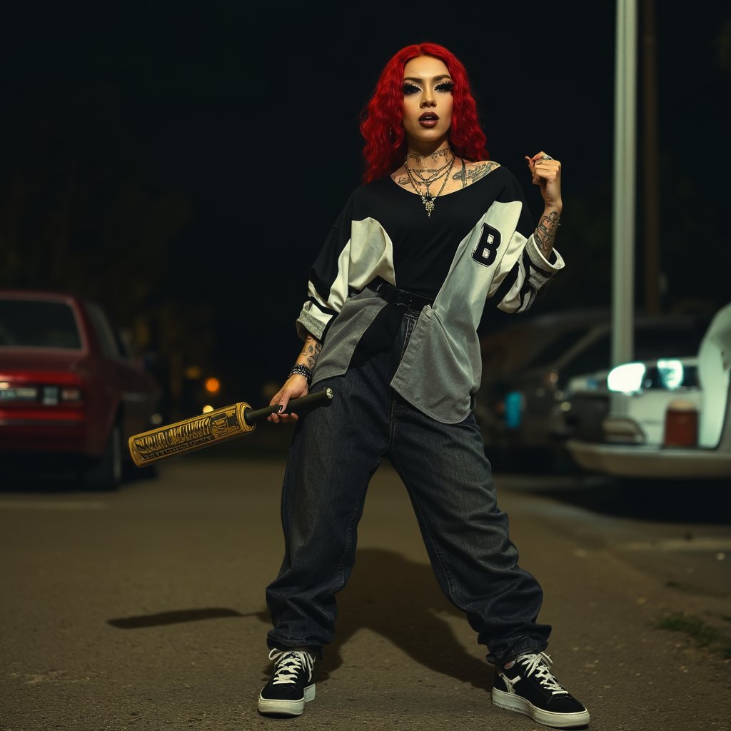 Cinematic, side view, from bottom to top view, dramatic lighting, shot with a 35mm, ultra detailed, ultra realistic colors, short mexican woman with red dyed hair, dramatic makeup, in the streets at night, standing up, posing with an attitude, wielding a bat ready for a fight, wearing loose slackers, very loose black and white baseball shirt, expensive jewelry, sneakers, tattooes, very long necklace,  cholas style,In the style of cholas, 8k, soft lighting