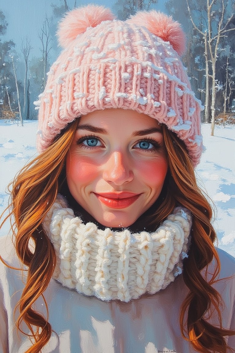 An acrylic gouache painting of a woman wearing a snow cap, depicted in vibrant, textured brushstrokes. The scene is set in a snowy landscape, with soft, diffused lighting that highlights her rosy cheeks and bright eyes. The woman is framed mid-shot, her expression warm and inviting. The composition is balanced, with the snowy background gently blurred, drawing focus to her delicate features and the rich, textured surface of the painting.