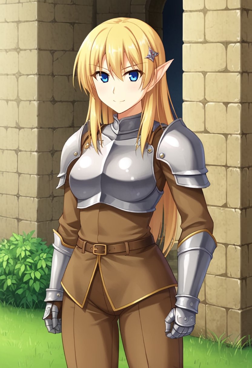 1girl, solo, mireniaeoff, blonde hair, long hair, pointy ears, hair ornament, blue eyes, brown shirt, long sleeves, brown pants, knight armor, arm guards, shoulder pads, outdoors, castle, standing, cowboy shot, smile, serious