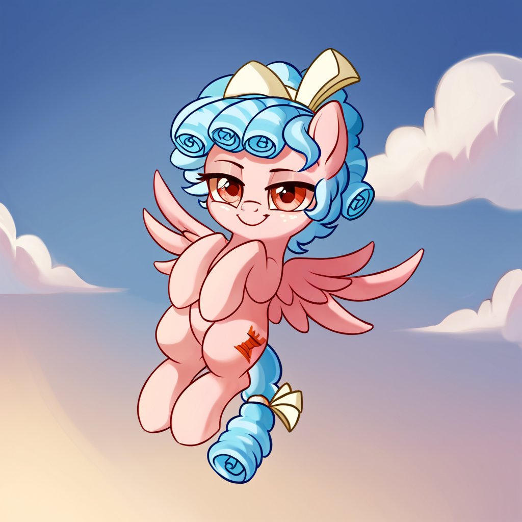 score_9, score_8_up, score_7_up, source_pony, hi res, (ultra hd quality details), fearingfun, rating_safe, outdoors, sky, white clouds, solo, cozy glow (mlp), smug, lidded eyes, looking at viewer, flying, full body