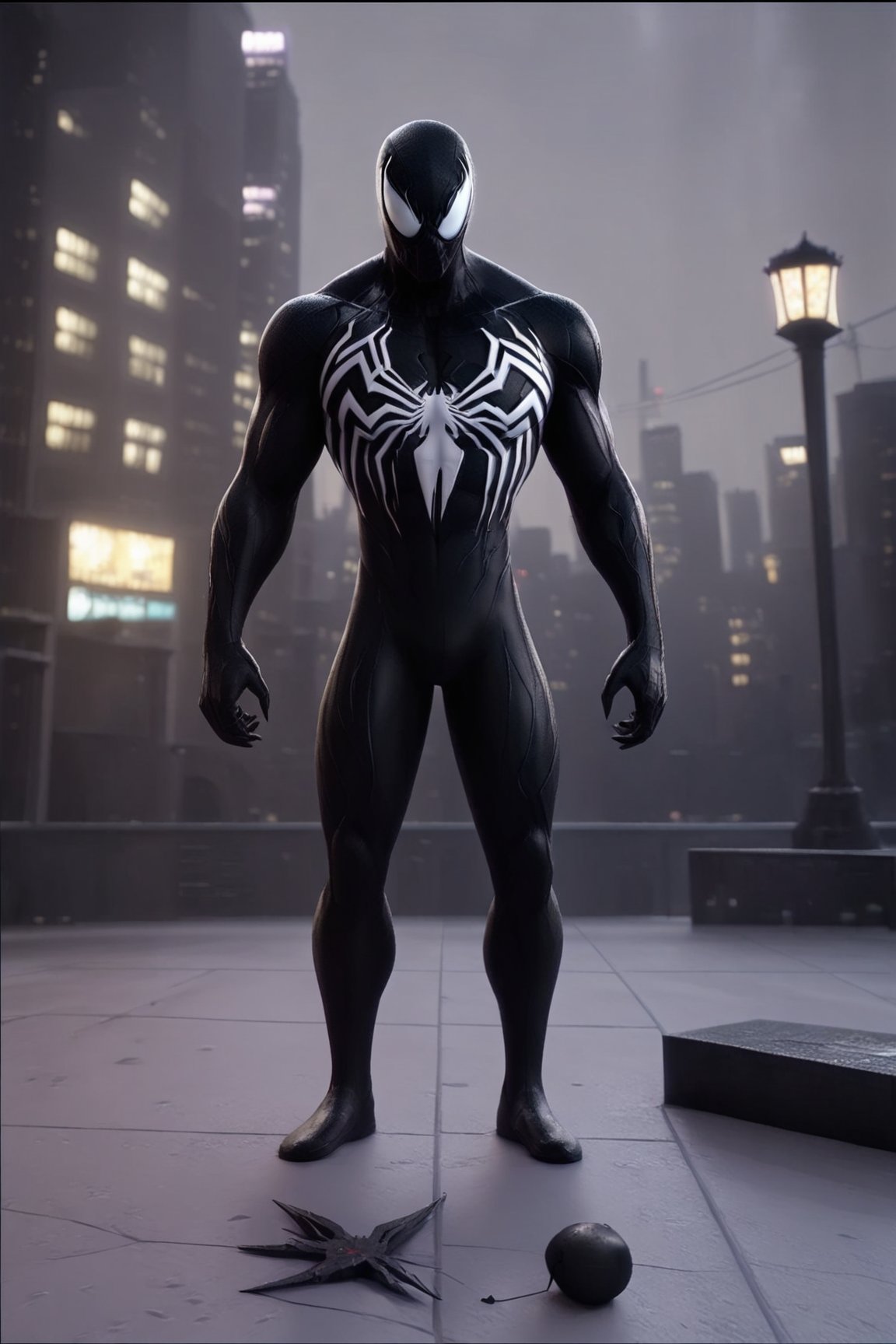 A moody twilight scene: a dark cityscape with steel spires piercing the haze-shrouded sky like serrated knives. On a rooftop's edge, a figure in a black bodysuit sits poised, masked face hidden, bathed by the soft glow of nearby streetlamps. The Venom symbiote's sinuous tendrils wrap around arms as its host fixes an unblinking stare on the cityscape, exuding calculated menace and foreboding intensity.