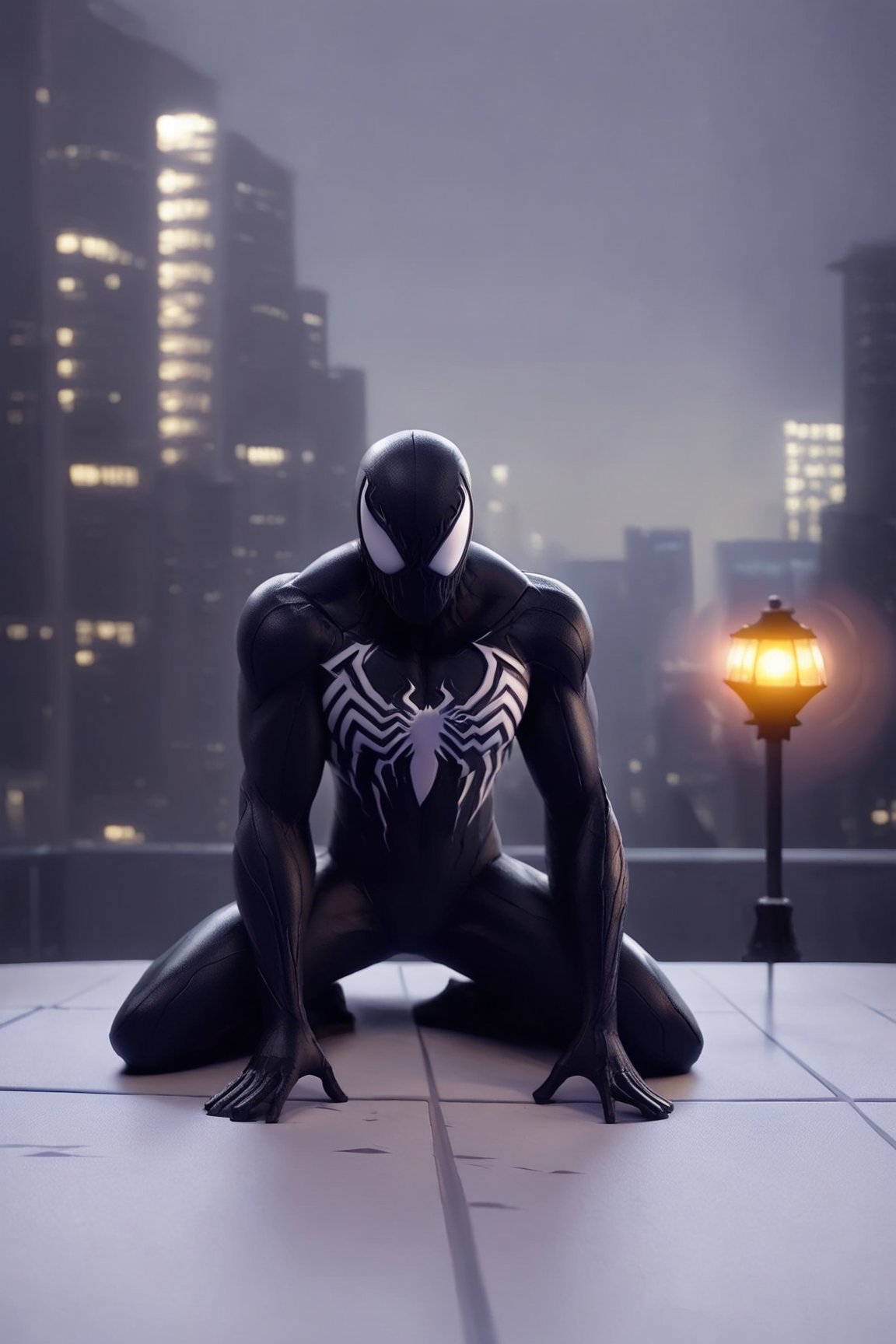 A dark cityscape at twilight's edge, where steel spires cut through a haze-shrouded sky like serrated knives. A figure in a black bodysuit, masked face hidden, sits poised on a rooftop brink, illuminated by the soft hum of nearby streetlamps. The Venom symbiote's sinuous appendages coil around arms as its host fixes an unblinking stare upon the cityscape, radiating an aura of calculated menace and foreboding intensity.