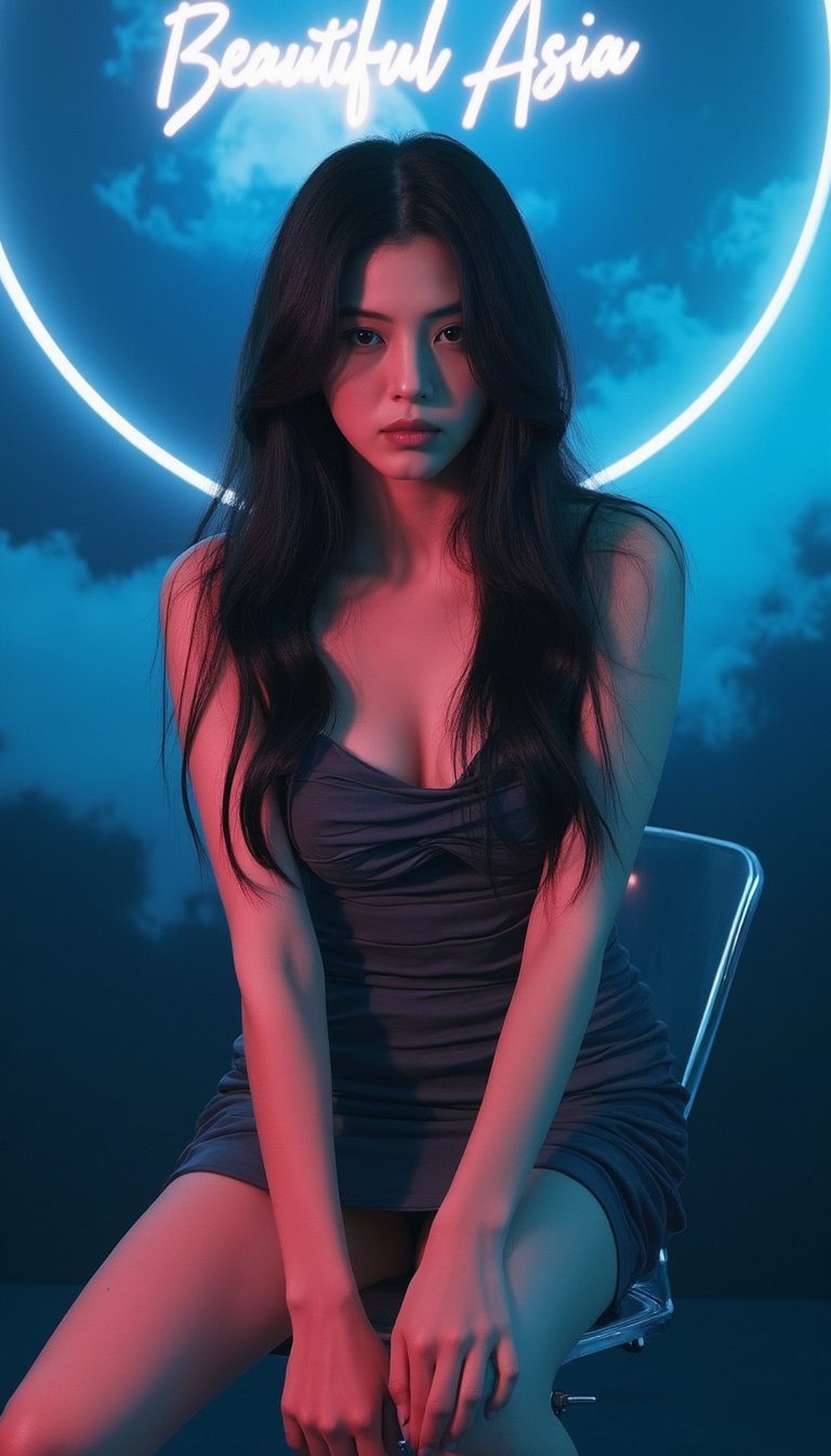 In a futuristic photo studio, a sultry, dark-haired siren sits poised on a glass chair, enveloped by cinematic lighting and mesmerizing LED/neon accents. The sundress hugs her curves as she gazes directly at the camera, exuding sensuality amidst the textured night sky and moonlight backdrop. The 'Beautiful Asia' sign above her head adds to the allure, while her expressive face, bathed in an atmosphere of ambiguity, beckons the viewer's gaze.