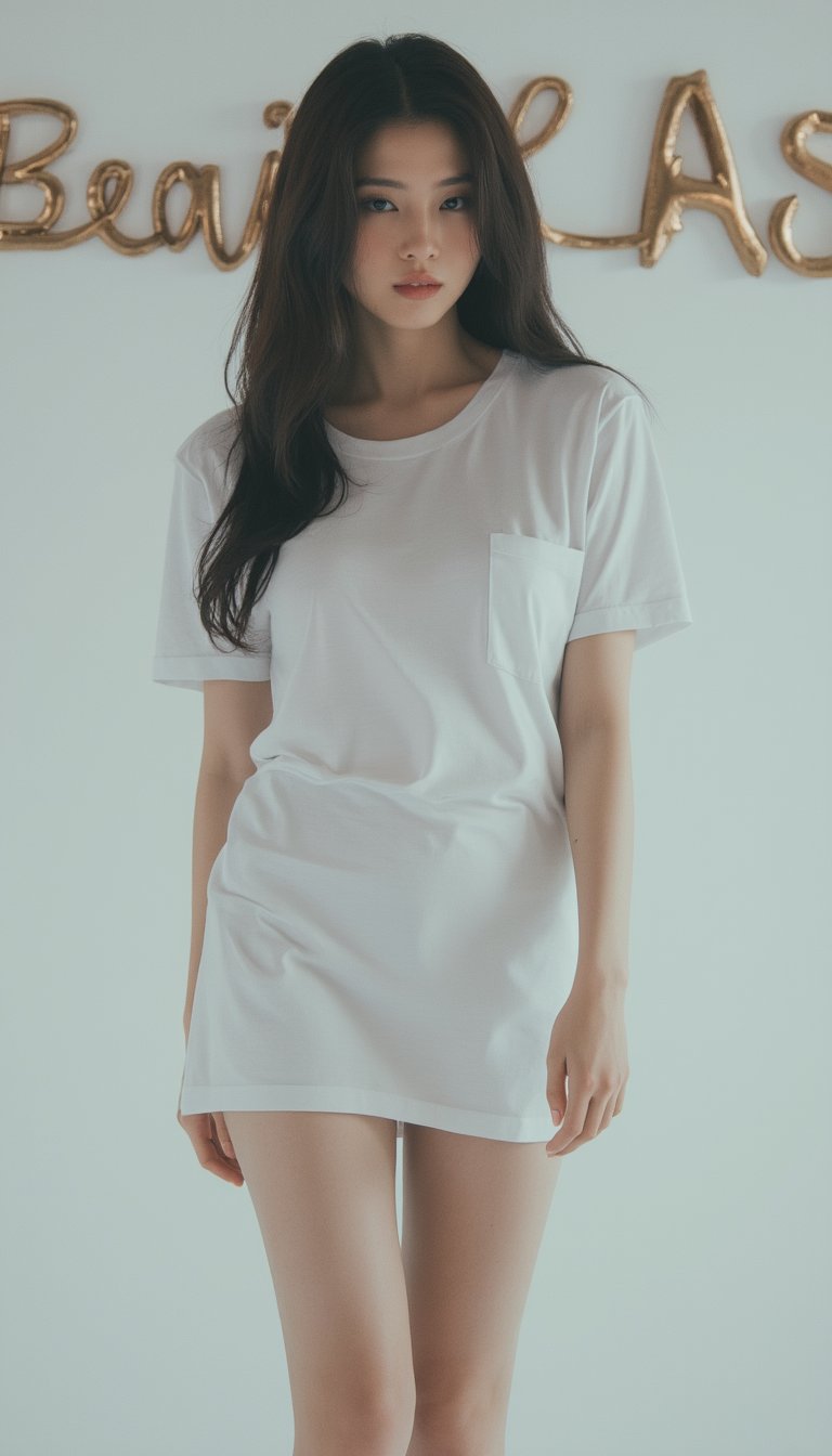 In a white photo studio, a sultry, dark-haired siren standing tall, enveloped by cinematic lighting, t-shirt dress huge her curves as she gazes directly at the camera. The 'Beautiful Asia' sign above her head adds to the allure, while her expressive face, bathed in an atmosphere of ambiguity, beckons the viewer's gaze.