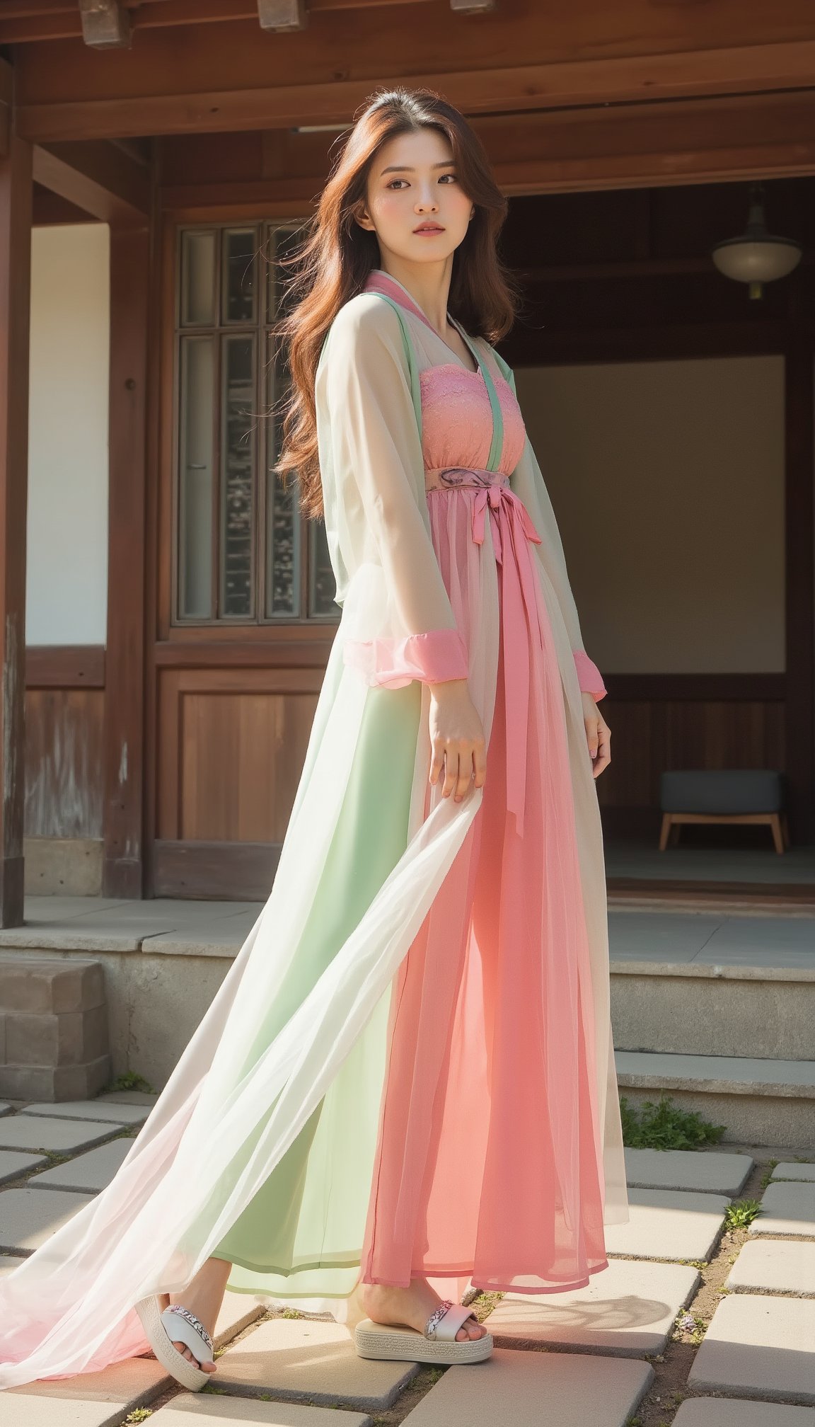 A slutry sexy girl wearing sheer korean clothing, adorned in a stunning hanbok, stands confidently in front of a traditional Korean home's exterior. The vibrant colors of her clothing pop against the earthy tones of the wooden structure. Her feet planted firmly on the stone path, she exudes a sense of resilience and pride. Soft sunlight casts a warm glow over the scene, highlighting the intricate details of her attire.