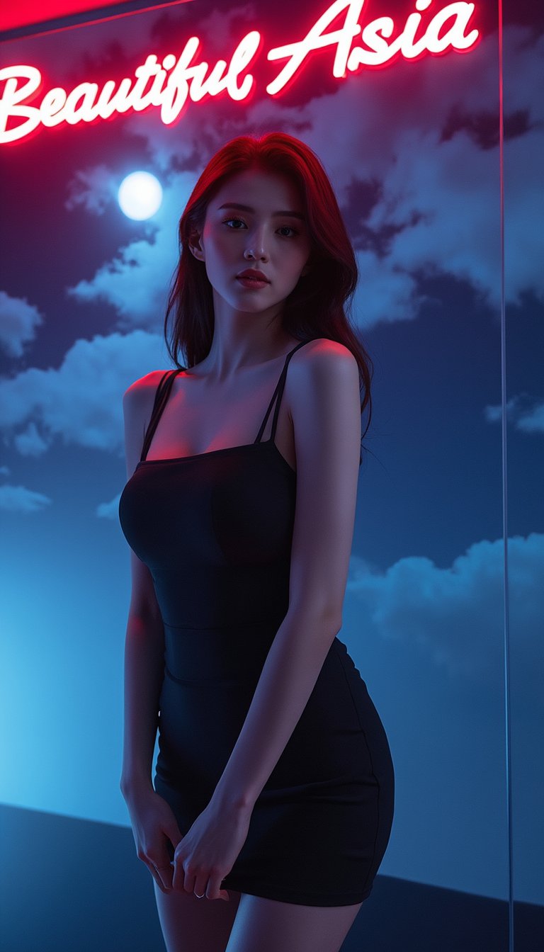 In a futuristic photo studio, a sultry, dark-haired siren standing tall, enveloped by cinematic lighting and mesmerizing LED/neon accents. The sundress hugs her curves as she gazes directly at the camera, exuding sensuality amidst the textured night sky and moonlight backdrop. The 'Beautiful Asia' sign above her head adds to the allure, while her expressive face, bathed in an atmosphere of ambiguity, beckons the viewer's gaze.