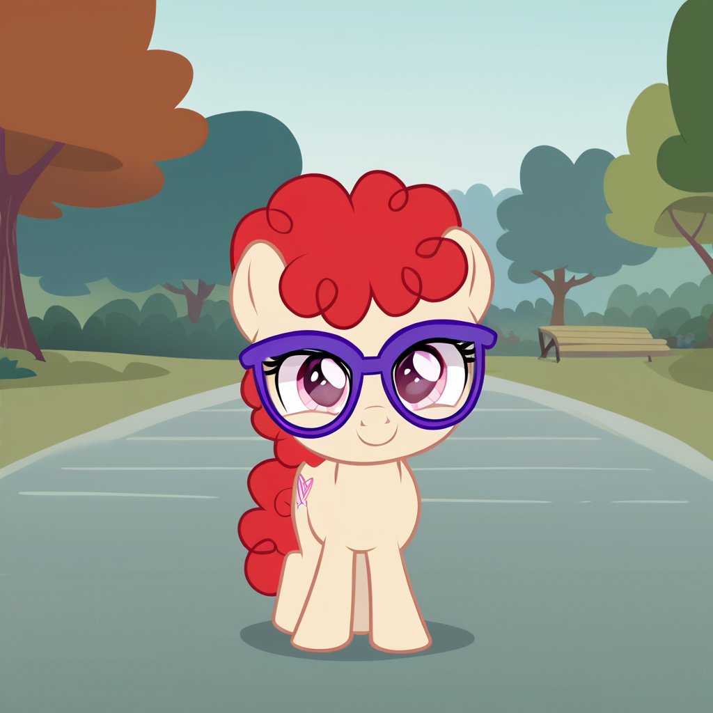 score_9, score_8_up, score_7_up, rating_safe, hi res, show accurate, flat colors, outdoors, park, g4, solo, twist, red hair, puffy hair, purple glasses, pink eyes, filly, faint smile, cutie mark, looking at viewer, full body