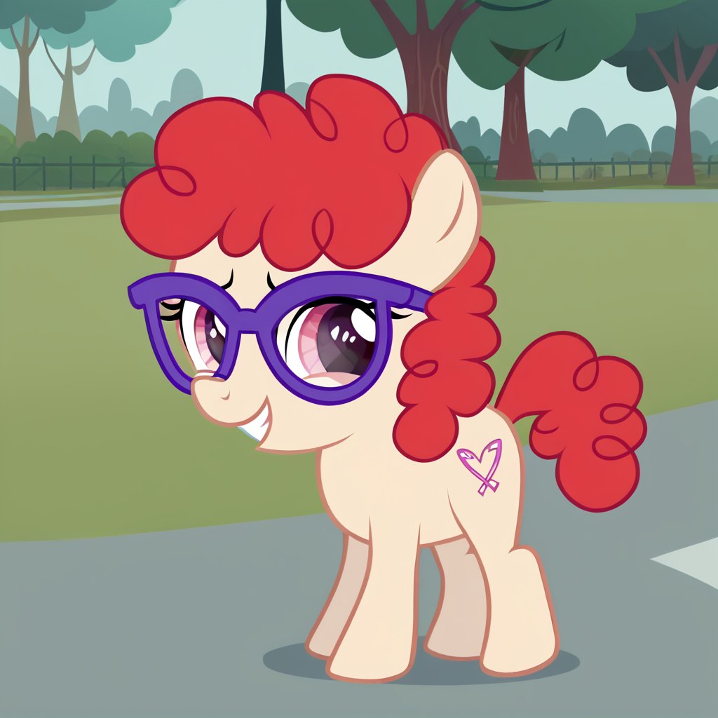 score_9, score_8_up, score_7_up, rating_safe, hi res, show accurate, flat colors, outdoors, park, g4, solo, twist, red hair, puffy hair, purple glasses, pink eyes, filly, faint smile, cutie mark, looking at viewer, full body