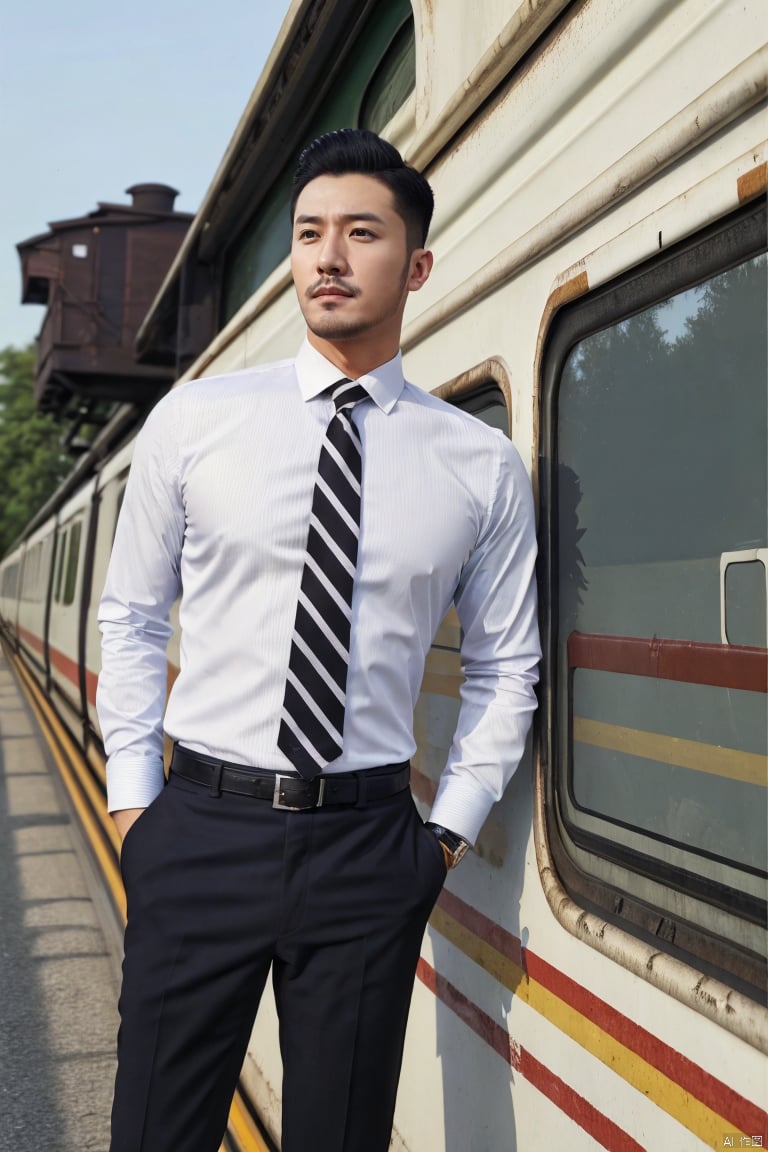 jzns,hzbz,1man,solo,asian,handsome,realistic,male focus, black pants, white shirt, wristwatch, holding clothes, belt, collared shirt,facial hair, outdoors, train, striped necktie, striped shirt, leaning against the train,(masterpiece,realistic,best quality,highly detailed),hzbz