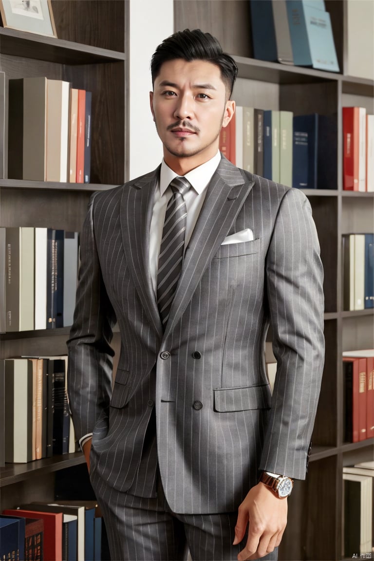 jzns,hzbz,1man,solo,asian,handsome,realistic, male focus, indoors, striped, wristwatch, pinstripe pattern, collared shirt, grey pants, white shirt, facial hair, grey striped formal,grey striped pants,grey necktie, bookshelf, blurry,(masterpiece,realistic,best quality,highly detailed),