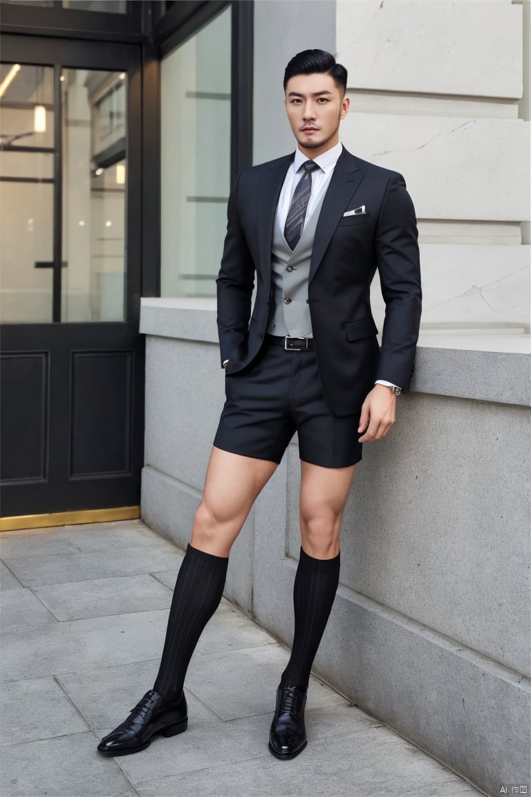 jzns, 1man,fashion model,male focus,asian,exquisite facial features,handsome,muscular,pectorales,tight shorts,gothic kneehigh socks,full body,Business fashion, (masterpiece, realistic, best quality, highly detailed,profession),hzbz