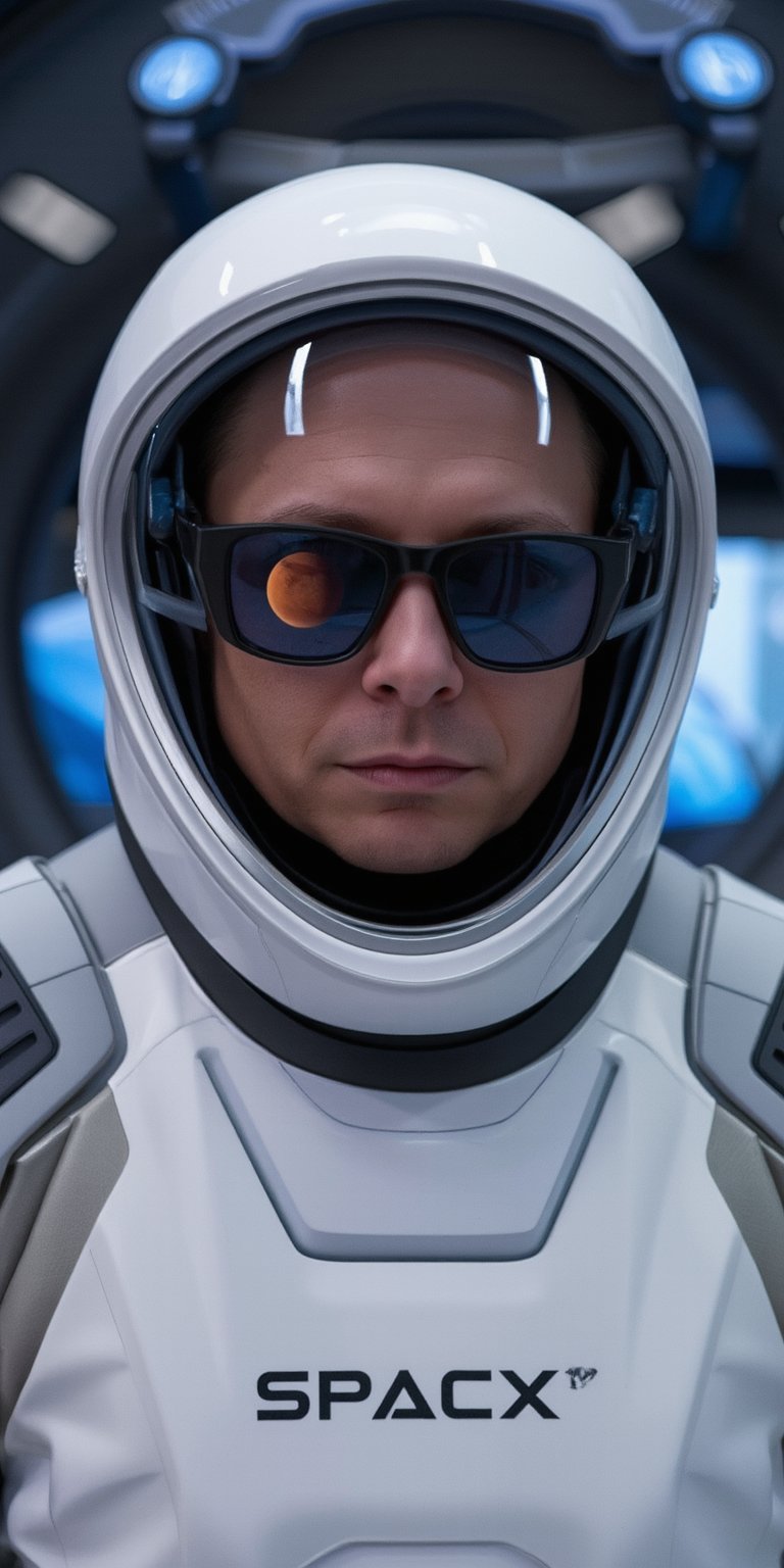 Elon Musk wearing a SpaceX space suit and cool sunglasses, with the reflection of the planet Mars visible in his sunglasses. The background is a futuristic space setting.
