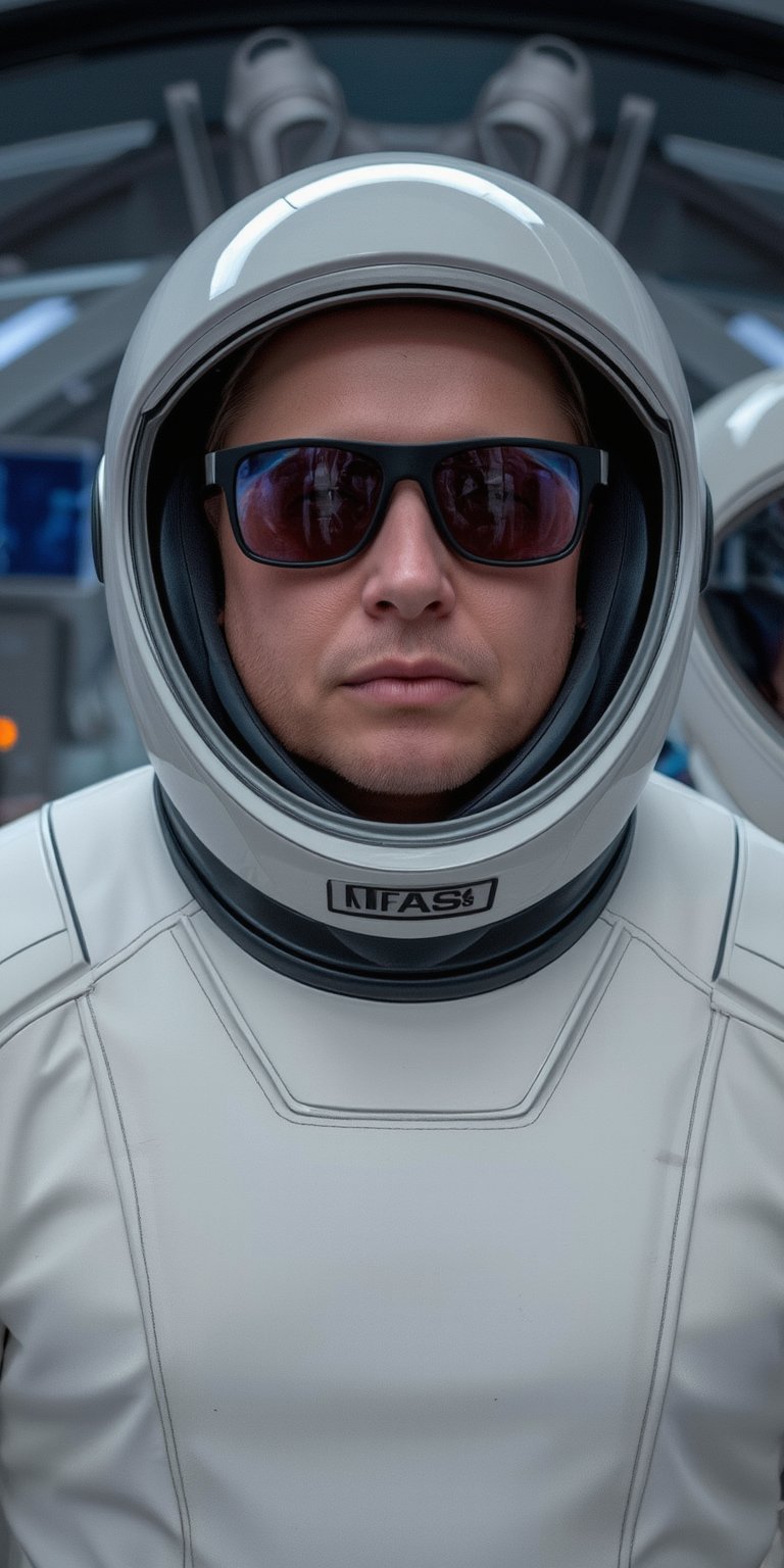 Elon Musk in a SpaceX astronaut suit, wearing reflective sunglasses. His sunglasses show the red planet Mars reflected on the lenses. The scene is set in a high-tech, space-themed background.