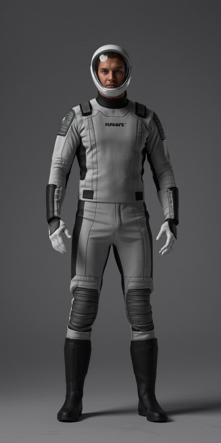 A lone astronaut stands proudly in a sleek gray space suit, his full-body attire a striking contrast to the dull gray surroundings. He's posed with confidence, arms relaxed at his sides, and gaze directed straight ahead. The space suit's utility belts and equipment pouches add texture and depth to the image. A simple yet effective composition focuses attention on the solitary figure against the monochromatic backdrop.