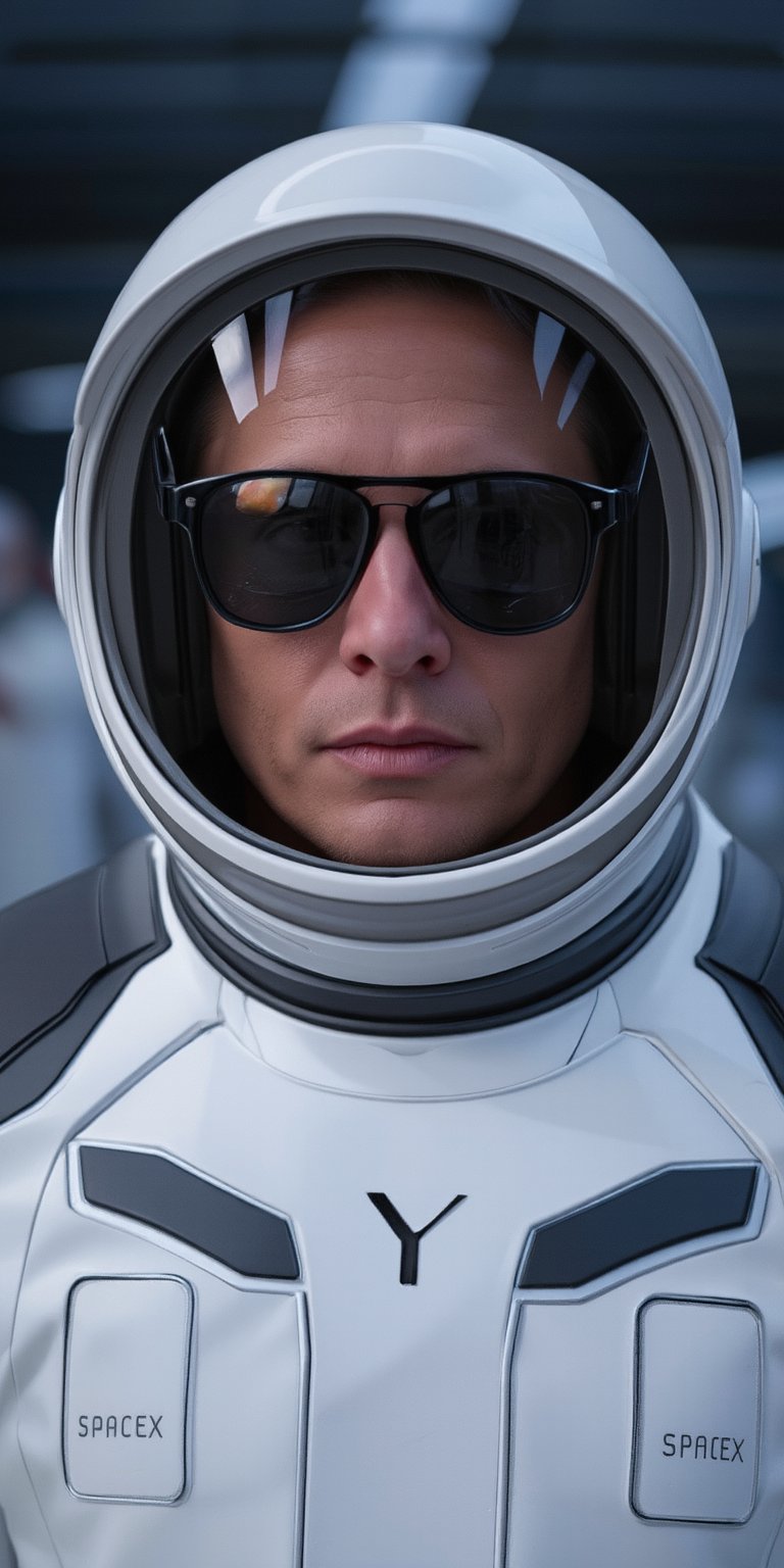 Elon Musk wearing a SpaceX space suit and cool sunglasses, with the reflection of the planet Mars visible in his sunglasses. The background is a futuristic space setting.
