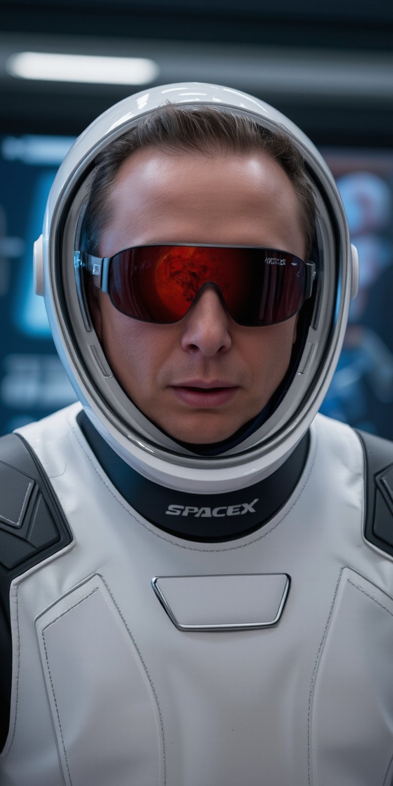 Elon Musk in a SpaceX astronaut suit, wearing reflective sunglasses. His sunglasses show the red planet Mars reflected on the lenses. The scene is set in a high-tech, space-themed background.