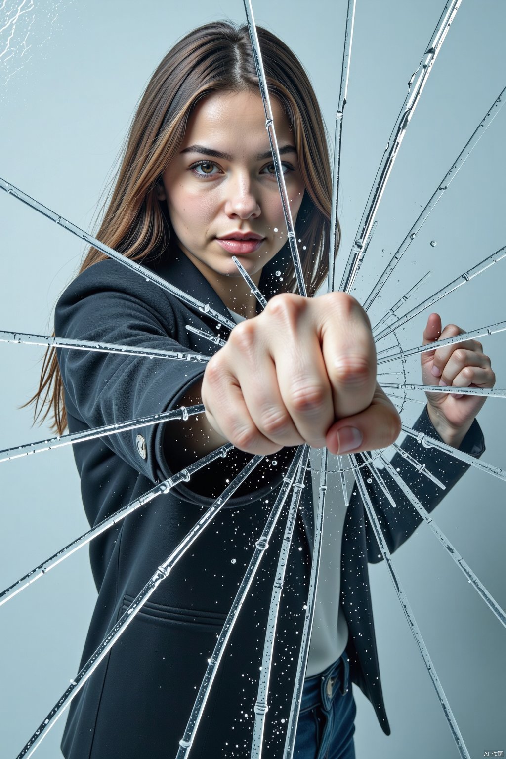 surreal art, a woman dramatically punches through a cracked ice curtain that covers the screen and separates her from the viewer. her faded figure facing the viewer and looking over her fist is obscured by the solid ice sheet. all that is visible is a close-up of her extended left arm and her fist breaking the ice apart with a thundering blow leaving behind motion trails. the entire image is covered in a thin sheet of ice except the area around the woman's fist. her knuckles appear bruised due to the impact  