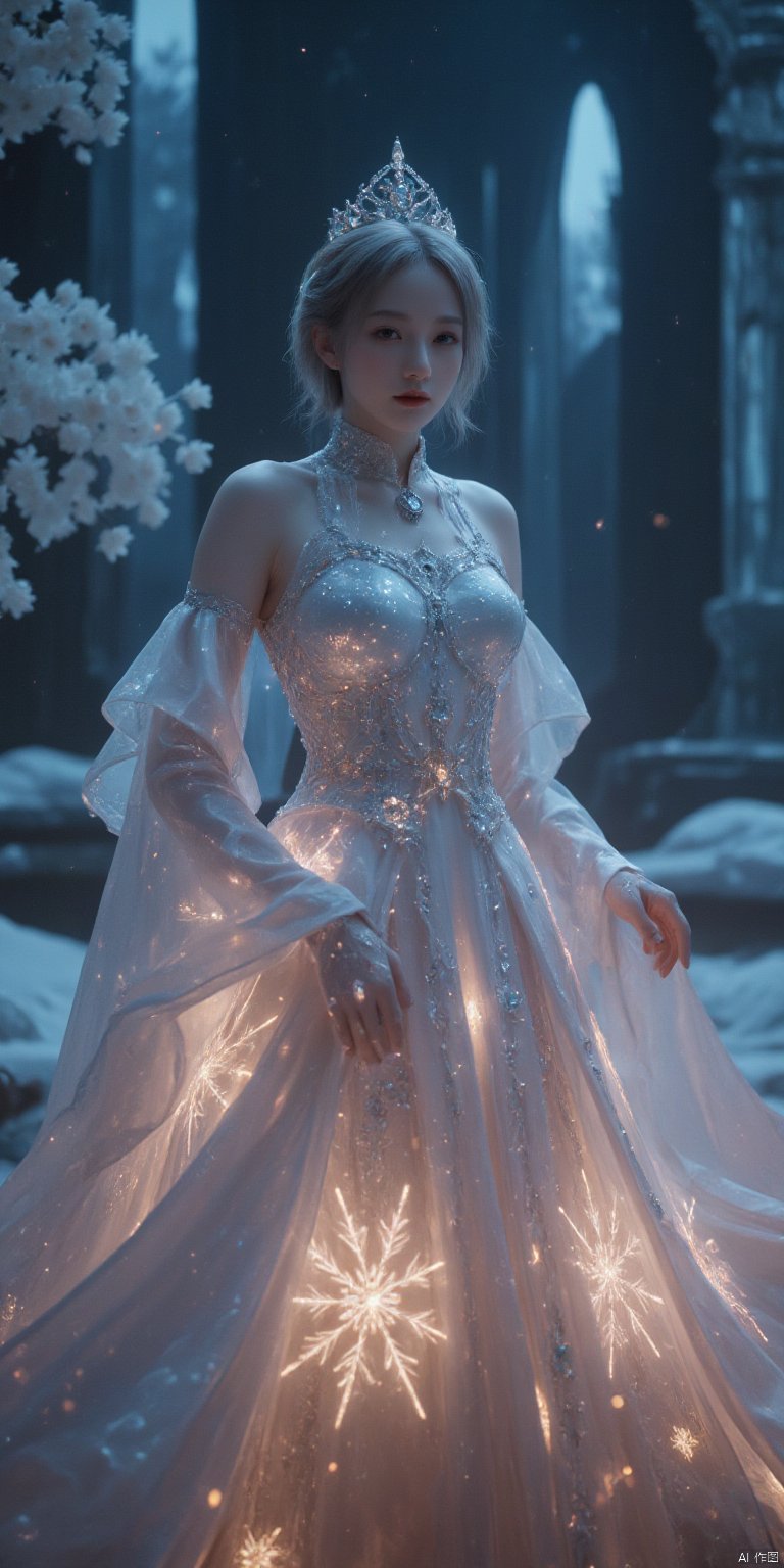 A majestic Raiden Shogun stands solo against a mystical backdrop of ice bricks and delicate flowers. She wears an exquisite snowflake-encrusted dress, her crown adorned with sparkling crystals. The elegant gown flows like silk around her, as the moody lighting casts a warm, cinematic glow. In the foreground, the highly detailed and intricate snowflakes on her dress appear like tiny works of art. The film grain adds texture, while the bokeh effect creates a sense of depth and dimensionality. A stunning vignette of fantasy and elegance, reminiscent of a high-budget Hollywood production.