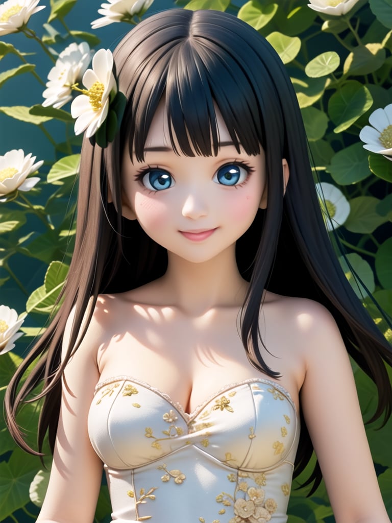 (masterpiece), (best quality), (extremely detailed), (1girl), solo, (pretty cute girl), looking at viewer, smile, slender, evenly sized eyes, extremely detailed eyes, flower hair ornament, white race dress, (upper body:1.4), outdoors, extremely detailed wallpaper, (completely detailed features), 16k,  (upper body:1.4),