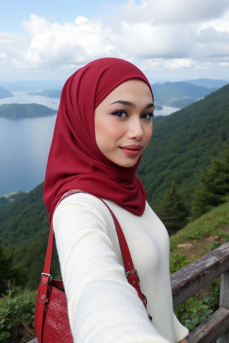 This is a high-resolution photograph featuring a young woman taking a selfie at an elevated viewpoint, likely a lookout or skywalk. The woman is of South Asian descent, with fair skin and a round face adorned with meticulously applied makeup, including bold, winged eyeliner and matte lipstick in a deep red shade. She wears a white, long-sleeve ribbed knit sweater and a voluminous, rich red hijab that flows gracefully around her, covering her head and shoulders. 

Her hijab is made of a lightweight, sheer fabric that allows for a soft, delicate texture contrasted against the knit sweater. She has a confident smile and is looking directly at the camera, capturing the moment with her right arm extended. She carries a woven, red leather handbag over her left shoulder, adding a pop of color to her outfit.

In the background, the scene extends to a breathtaking panoramic view of lush green forested hills and a vast body of water, likely a sea or lake, under a partly cloudy sky. The horizon is distant, with faint outlines of distant islands and the coastline. The overall mood of the image is serene and picturesque, highlighting both the beauty of nature and the woman's elegant attire.