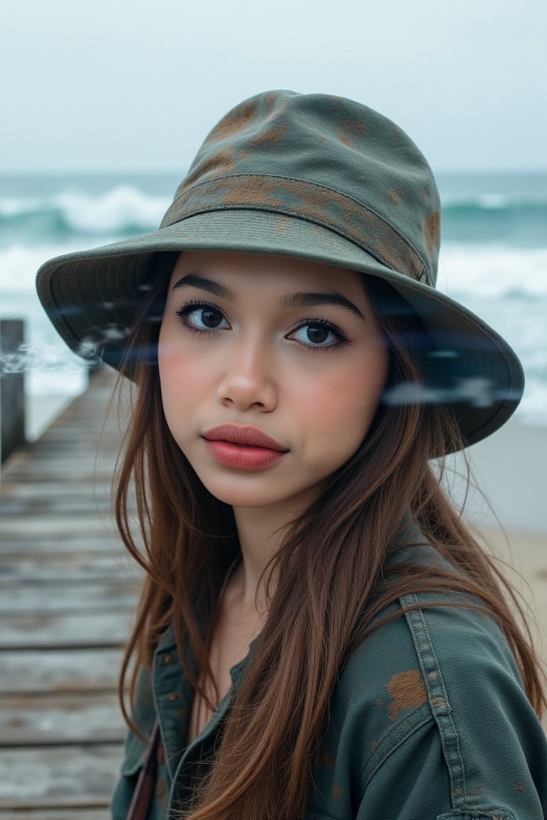 Craft a captivating double exposure portrait featuring a resolute girl with a serene expression and translucent eyes set against tempestuous waves crashing upon a weathered wooden pier. The subject's attire should be rugged, oil-stained clothing paired with a worn-out hat partially concealing their face. Overlay this scene with secondary imagery of tumultuous ocean waves rising and falling in the background, creating an enchanting interplay between the girl's stillness and the dynamic sea. This layered fusion evokes a sense of solitude amidst chaos, stirring emotions of awe, curiosity, and contemplation as viewers ponder her story and the untamed power of nature.,preidental suite,Teenager,High school,pink art,luxury style