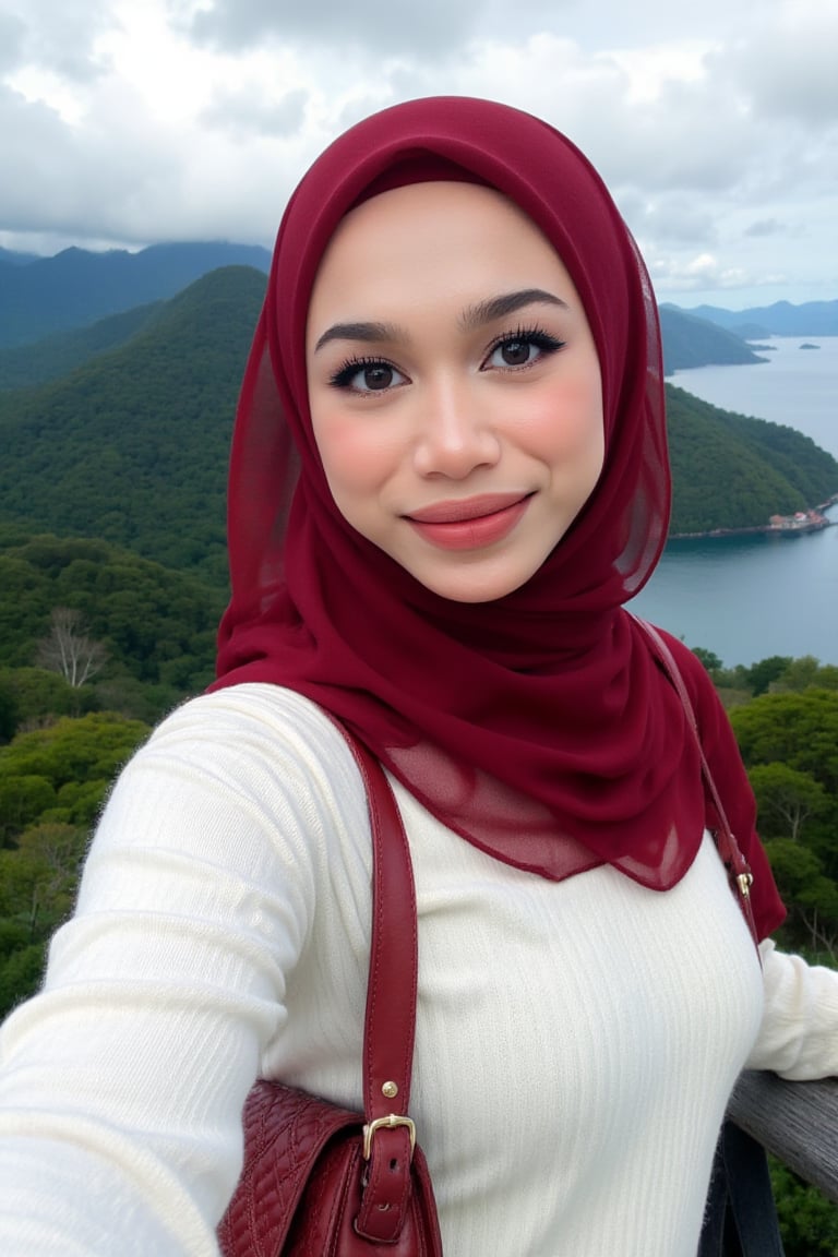 This is a high-resolution photograph featuring a young woman taking a selfie at an elevated viewpoint, likely a lookout or skywalk. The woman is of South Asian descent, with fair skin and a round face adorned with meticulously applied makeup, including bold, winged eyeliner and matte lipstick in a deep red shade. She wears a white, long-sleeve ribbed knit sweater and a voluminous, rich red hijab that flows gracefully around her, covering her head and shoulders. 

Her hijab is made of a lightweight, sheer fabric that allows for a soft, delicate texture contrasted against the knit sweater. She has a confident smile and is looking directly at the camera, capturing the moment with her right arm extended. She carries a woven, red leather handbag over her left shoulder, adding a pop of color to her outfit.

In the background, the scene extends to a breathtaking panoramic view of lush green forested hills and a vast body of water, likely a sea or lake, under a partly cloudy sky. The horizon is distant, with faint outlines of distant islands and the coastline. The overall mood of the image is serene and picturesque, highlighting both the beauty of nature and the woman's elegant attire.