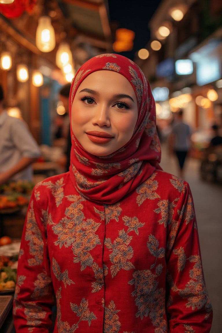 A Malay woman donning a vibrant red flower-adorned modern Baju Kurung Moden stands confidently at the bustling Middle Street Market under the warm glow of night lights. The soft illumination casts a flattering light on her hijab, accentuating its intricate patterns and textures.,imantroye