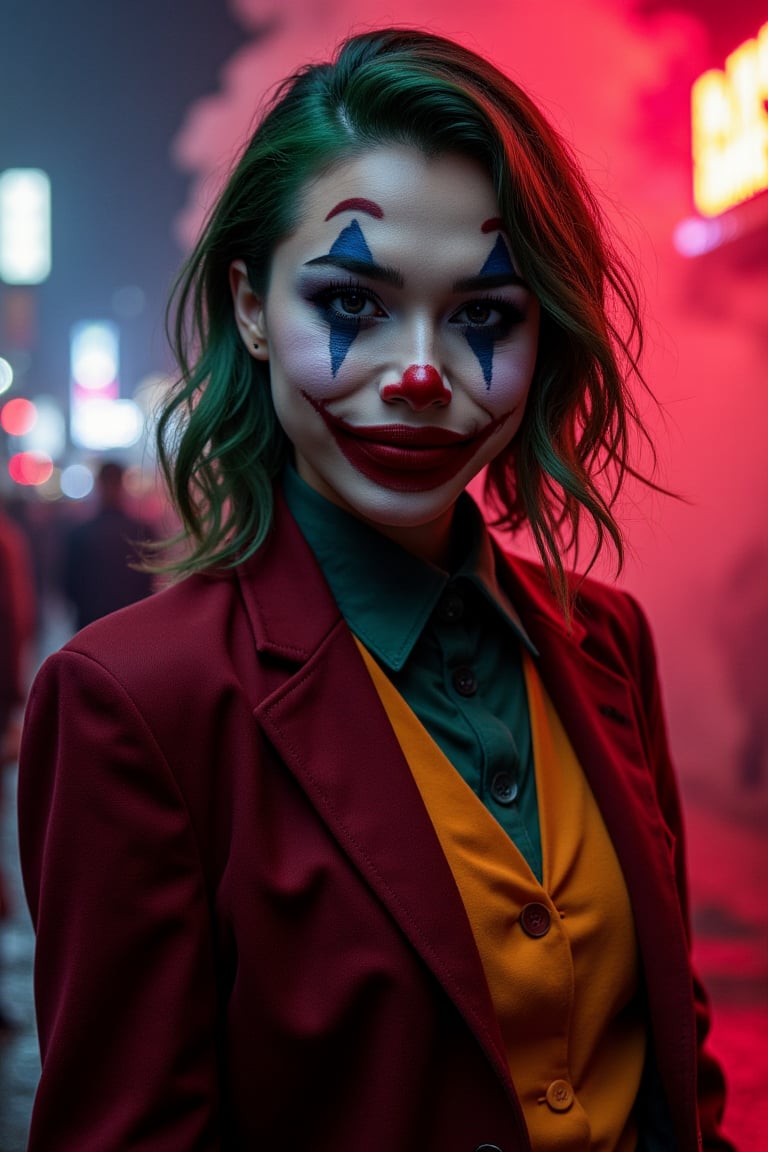 Art of a joker Joker's twisted grin wearing her ((makeup face:1.3)),  her suit, red smoke , her ((green hair:1.3)), dark night, ((neon light city)), cyberpunk realistic city background 