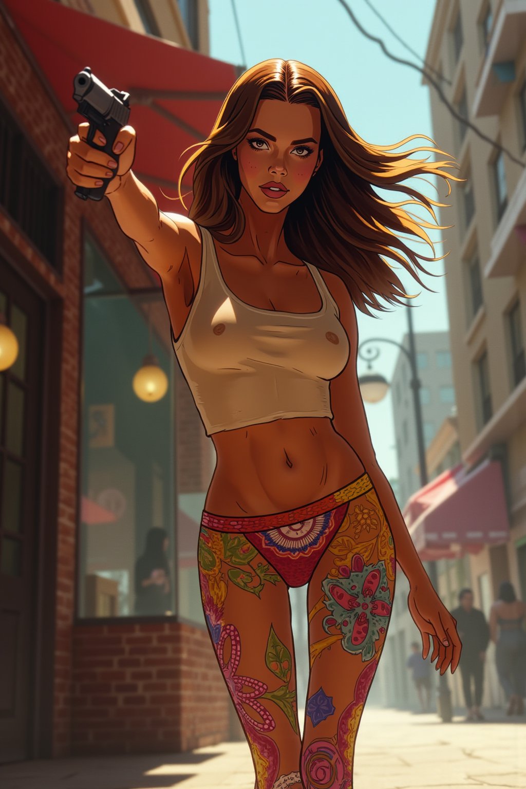 A striking young special agent, with East German features and golden-brown skin tone, confidently strides through a vibrant, sun-drenched urban landscape, reminiscent of 1970s cityscapes. Her fitted beige croptop and eye-catching, bell-bottom tights adorned with kaleidoscopic patterns glow under the brilliant sunshine. Auburn and chestnut hues dance through her flowing, loose hair as she points her pistol at the viewer with an assertive expression. The air hums with electric energy, classic vinyl records spinning in a nearby café, filling the atmosphere with upbeat funk and soul sounds. High-contrast, film noir-inspired lighting, à la Stanley Kubrick, casts deep shadows, with a warm, sun-kissed glow emanating from a 3/4 backlight, and a subtle fill light from a nearby streetlamp, casting a cool, blue tone. A gritty, comic artstyle texture and muted color palette evoke a sense of realism, with a hint of film grain and subtle lens flares, framing the scene in a cinematic