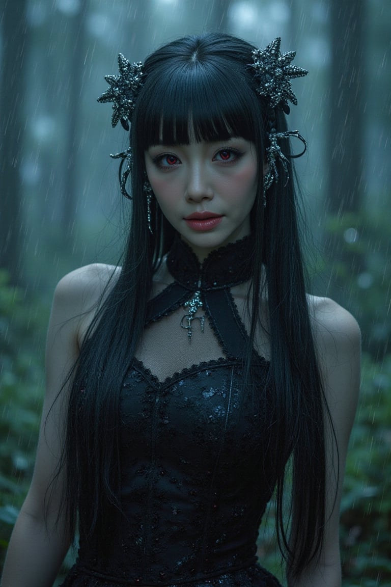 A cinematic masterpiece unfolds before us! A stunning woman stands solo in a 4K/8K frame, her pale skin and black hair striking against the dark night. Her long locks cascade down her back, secured by a side braid and blunt bangs. Ruby red eyes gleam, offset by droopy, unclear orbs. Black eyeliner and eye shadow accentuate her heterochromia. She wears a China dress with a sheath-like skirt, complete with fang-adorned accessories. The jiangshi costume is a perfect blend of horror and mystique. A storm rages outside, casting foggy shadows as our heroine stands before us, looking directly at the viewer with a paw pose, frozen in fear. In front of her looms an ominous coffin, set amidst the forest's dark silence.