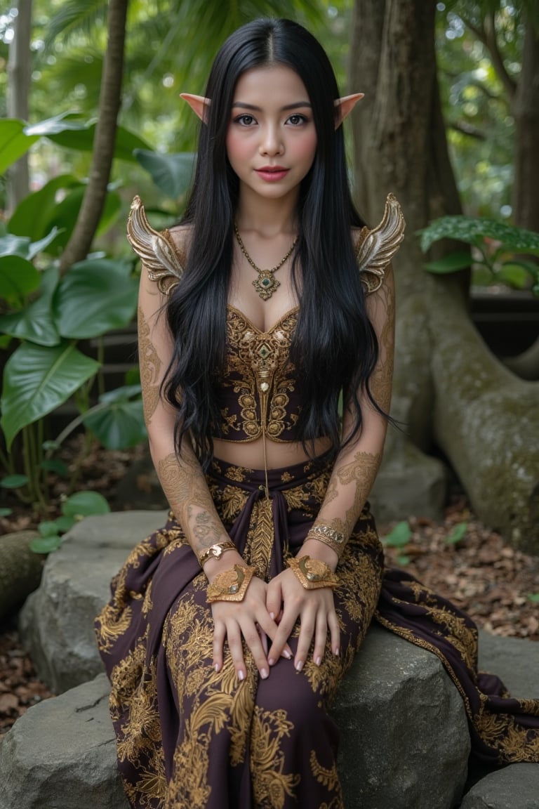 In a stunningly crafted masterpiece, an enchanting elf maiden with long, flowing black hair and piercing red eyes sits majestically on a weathered rock. Her gaze directly meets the viewer's, exuding an aura of mystique. She wears a traditional attire kebaya bali with unique pattern and design, paired with delicate sandals. The surrounding deep forest is detailed with precision, featuring stunningly crafted ornaments that seem to shimmer in the soft light. With anatomically have 6 hands, 3 hand on left and 3 hand on right, and exquisite hair expression, this kawaii elf's beauty is nothing short of breathtaking. ((8k, ultra-detailed, very clear)).
