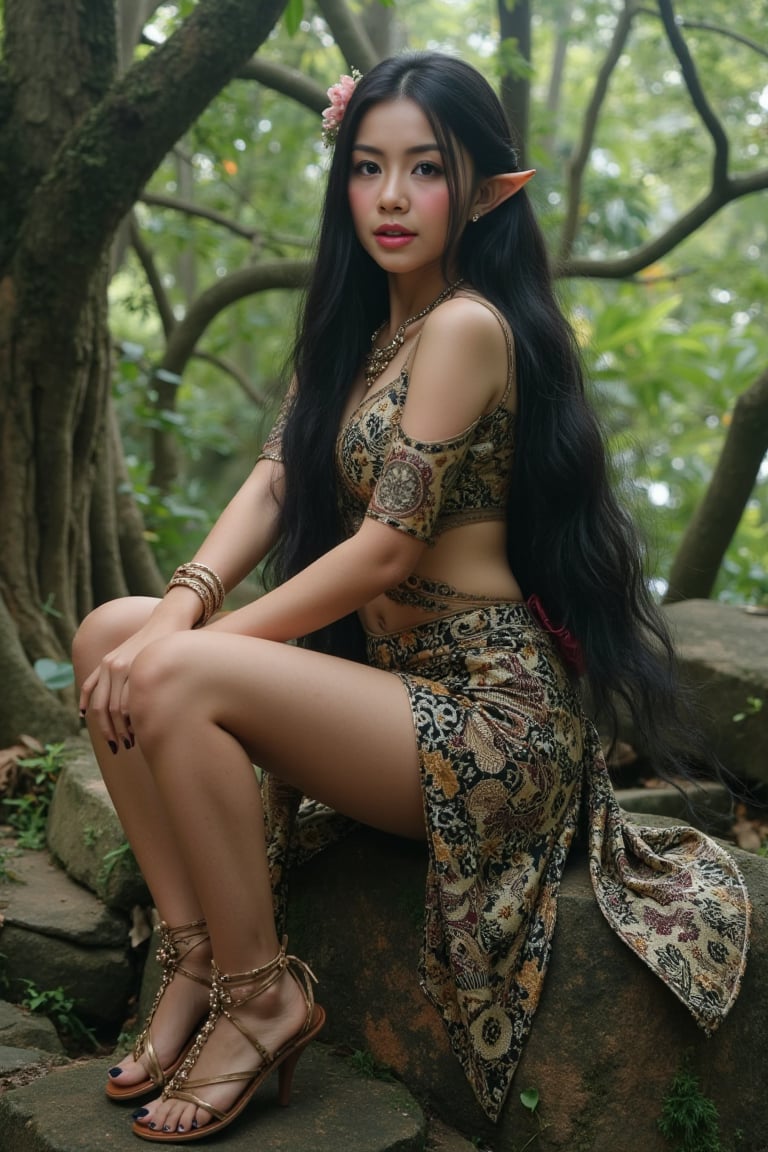 In a stunningly crafted masterpiece, an enchanting elf maiden with long, flowing black hair and piercing red eyes sits majestically on a weathered rock. Her gaze directly meets the viewer's, exuding an aura of mystique. She wears a traditional attire kebaya bali with unique pattern and design, paired with delicate sandals. The surrounding deep forest is detailed with precision, featuring stunningly crafted ornaments that seem to shimmer in the soft light. With anatomically have 6 hands, 3 hand on left and 3 hand on right, and exquisite hair expression, this kawaii elf's beauty is nothing short of breathtaking. ((8k, ultra-detailed, very clear)).
