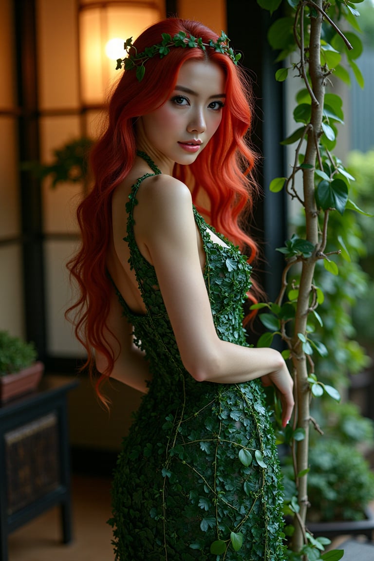 Beautiful woman resembling Poison Ivy behind high-end. Wearing revealing dress made of living plants, vines, and leaves. Long, flowing red hair with green highlights. Pale green skin. sensual movements. Provocative gaze directly at viewer. Background: luxurious Japanese outdoor, dim warm lighting. Bonsai trees, ikebana arrangements visible. Ivy tendrils creeping along. Photorealistic style with fantasy elements. Sharp focus on Ivy, slight blur on background. Color palette: rich greens, wood tones, pops of red and white. Soft, warm lighting emphasizing curves and creating mysterious atmosphere.