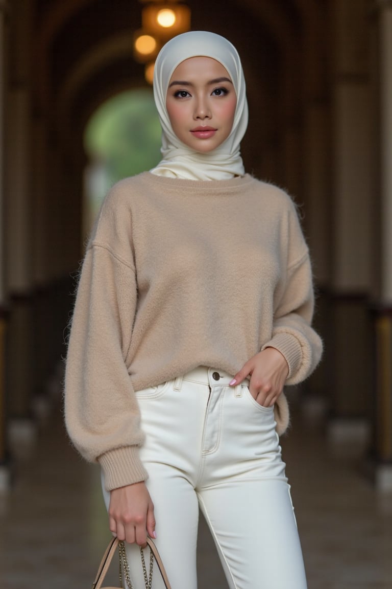 A stunning young woman stands poised on the floor, beige sweater and white pants blending harmoniously as subtle folds accentuate her confident demeanor. Her hands cradle a sleek white hijab, handbag securely held by her side as she exudes quiet poise. Shallow depth of field blurs the background, emphasizing her crisp detail against moody lighting that casts dramatic shadows. Vignette and bokeh effects add texture, film grain, and an expansive cinemascope composition create a luxurious visual experience, transporting the viewer to a high-end world of elegance and sophistication.