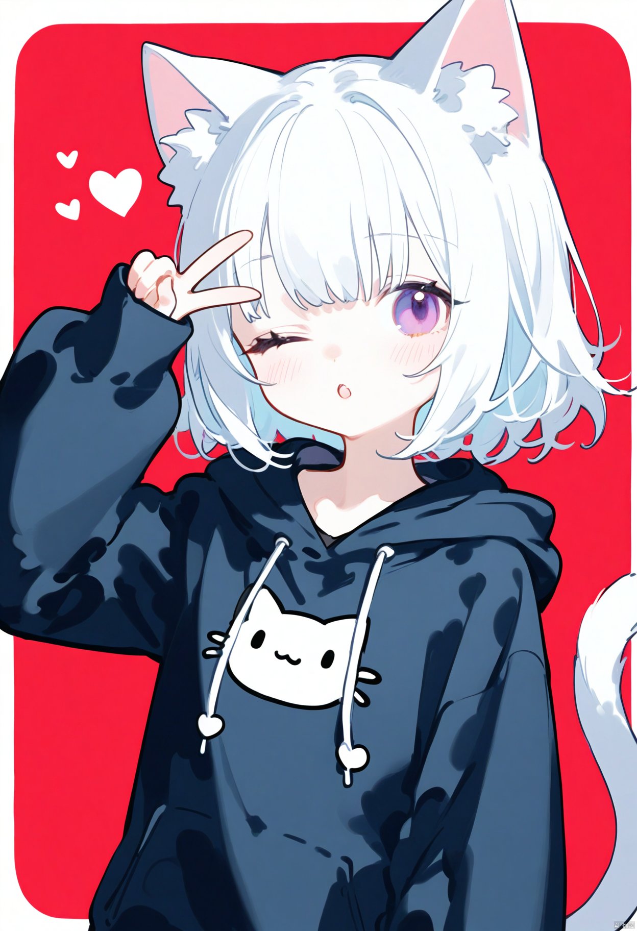 Elite,1girl, solo, looking at viewer, blush, bangs, long sleeves, animal ears, purple eyes, tail, white hair, heart, parted lips, one eye closed, puffy sleeves, cat ears, hand up, hood, cat tail, animal ear fluff, sleeves past wrists, hoodie, hood down, cat girl, red background, spoken heart, puffy long sleeves, drawstring, tail raised, black hoodie, ;o, blue hoodie