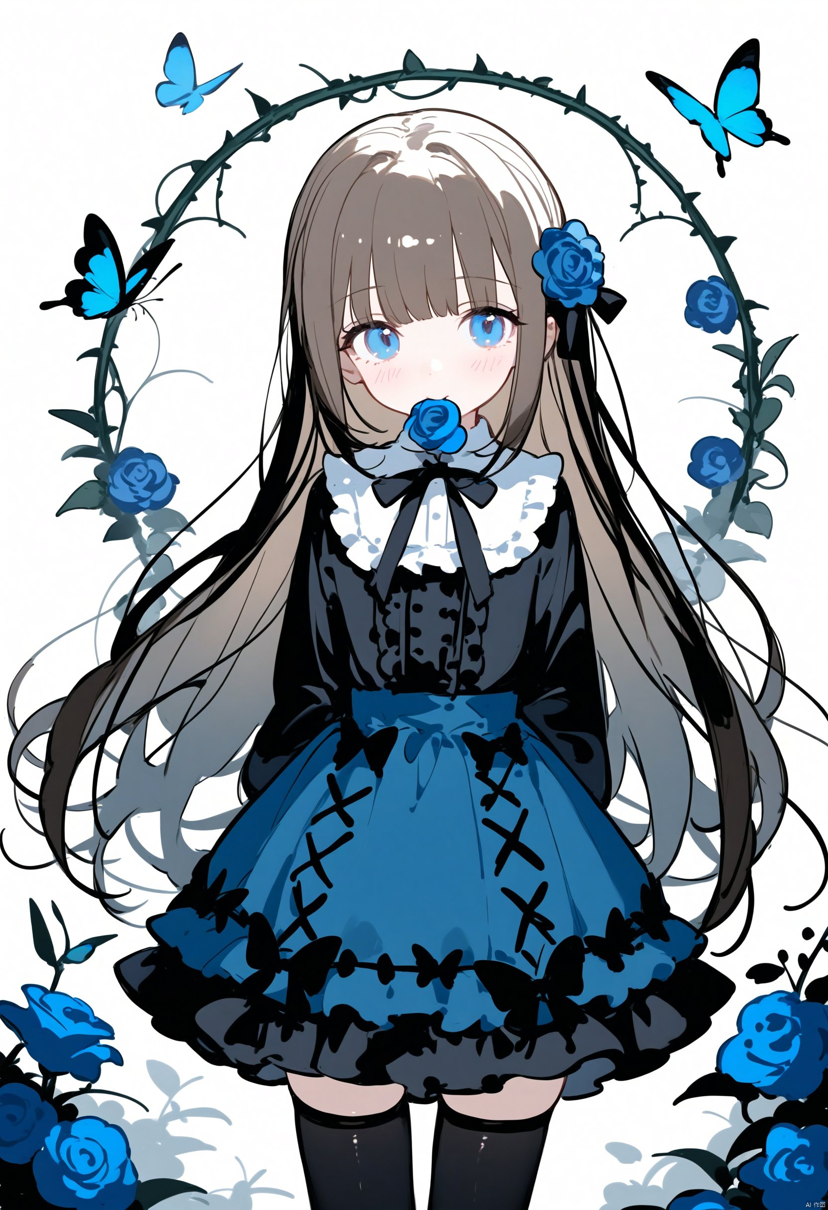 Elite,1girl, loli, solo, long hair, looking at viewer, blush, bangs, blue eyes, skirt, simple background, brown hair, shirt, black hair, hair ornament, thighhighs, long sleeves, white background, dress, bow, ribbon, very long hair, closed mouth, flower, cowboy shot, frills, black thighhighs, hair flower, blunt bangs, bowtie, zettai ryouiki, black shirt, black bow, rose, mouth hold, arms behind back, frilled dress, bug, plant, butterfly, blue flower, blue rose, vines, thorns