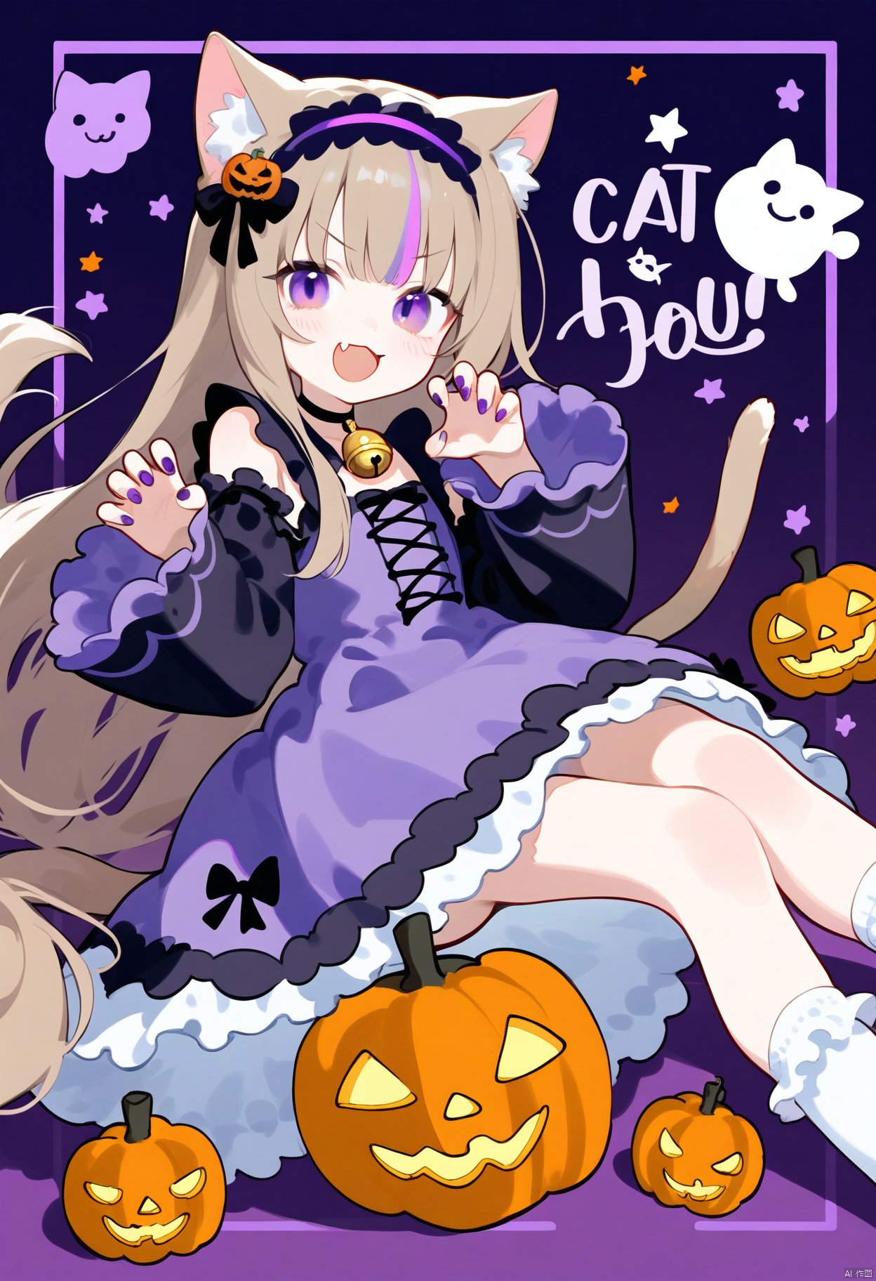 Elite,english text,watermark,1girl, solo, long hair, looking at viewer, blush, smile, open mouth, bangs, brown hair, long sleeves, dress, animal ears, very long hair, purple eyes, tail, purple hair, :d, multicolored hair, hairband, frills, detached sleeves, socks, fang, virtual youtuber, cat ears, wide sleeves, nail polish, streaked hair, v-shaped eyebrows, cat tail, animal ear fluff, sleeves past wrists, bell, no shoes, cat girl, white socks, frilled sleeves, black nails, jingle bell, purple dress, halloween, ofuda, black sleeves, purple nails, tail ornament, claw pose, tail raised