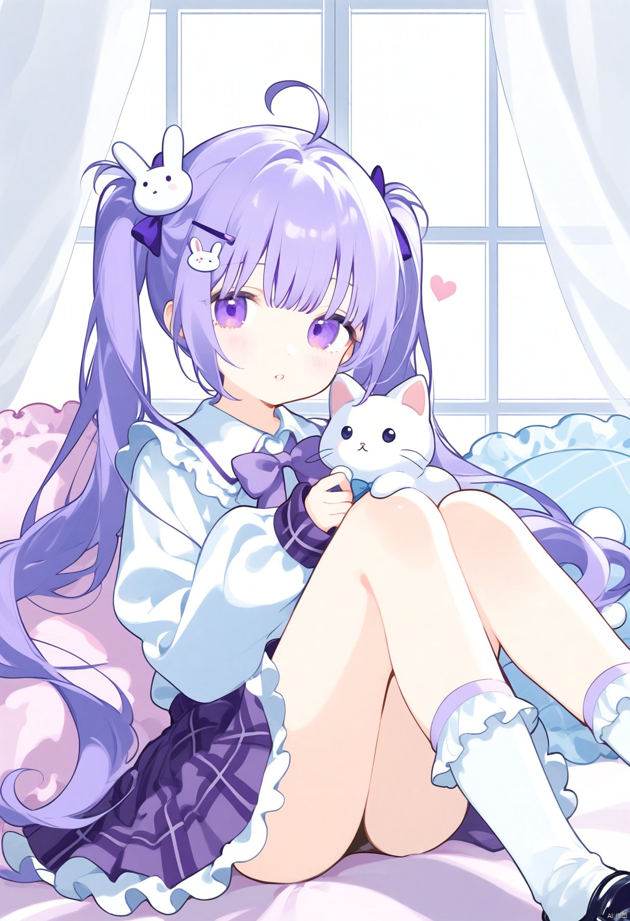 elite,1girl, solo, long hair, looking at viewer, blush, bangs, skirt, shirt, hair ornament, long sleeves, bow, twintails, sitting, very long hair, purple eyes, white shirt, purple hair, flower, ahoge, heart, pleated skirt, frills, parted lips, socks, hairclip, collared shirt, sleeves past wrists, pillow, plaid, hands up, kneehighs, window, feet out of frame, watermark, stuffed toy, cat, stuffed animal, frilled skirt, curtains, white socks, knees up, puffy long sleeves, purple skirt, purple bow, knees together feet apart, transparent, sample watermark, rabbit hair ornament, frilled pillow, frilled socks