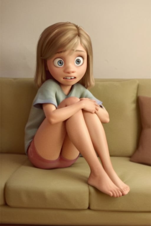 score_9, score_8_up, score_7_up, score_6_up, score_5_up, score_4_up, 1girl, Riley_1, teeth, sitting on a couch, barefoot, hugging her own legs, wide eyes